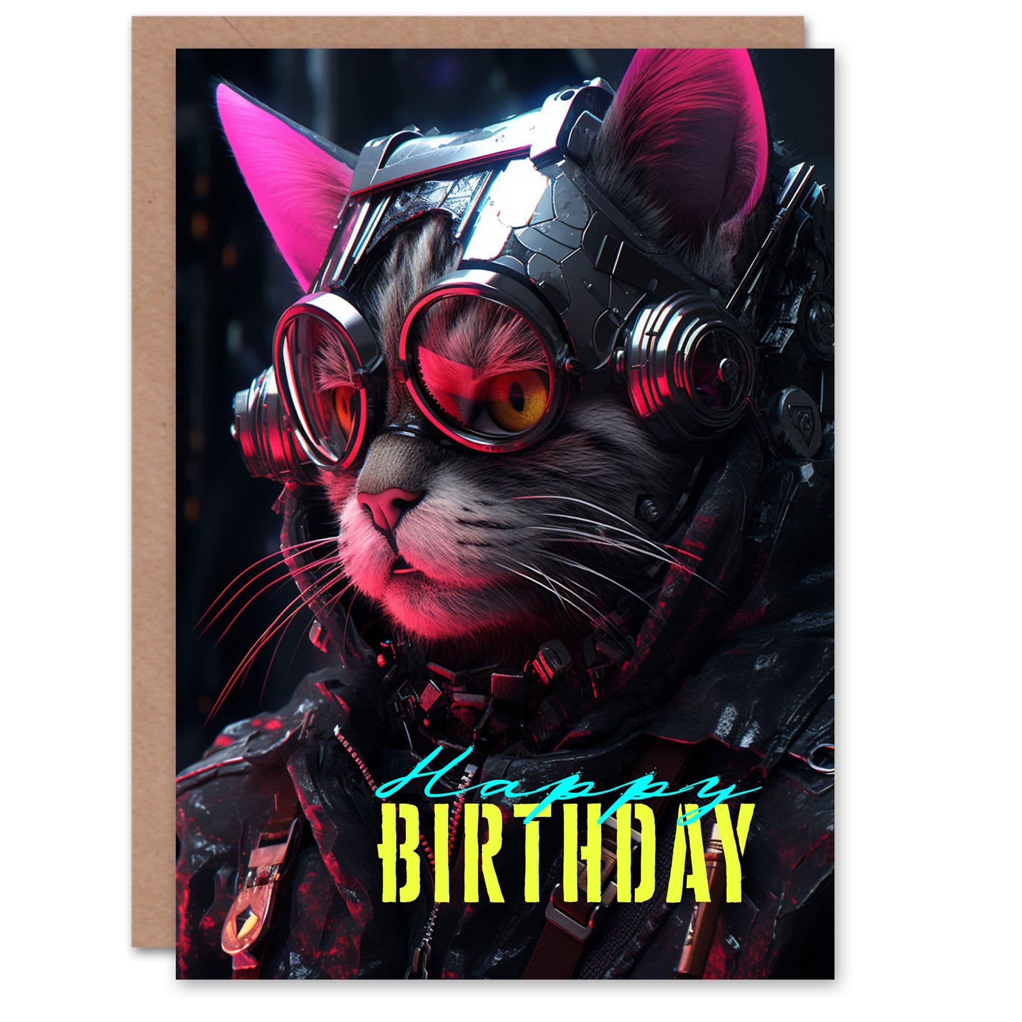 Birthday Greeting Card Cyborg Cat Lover Sci-Fi For Him Her
