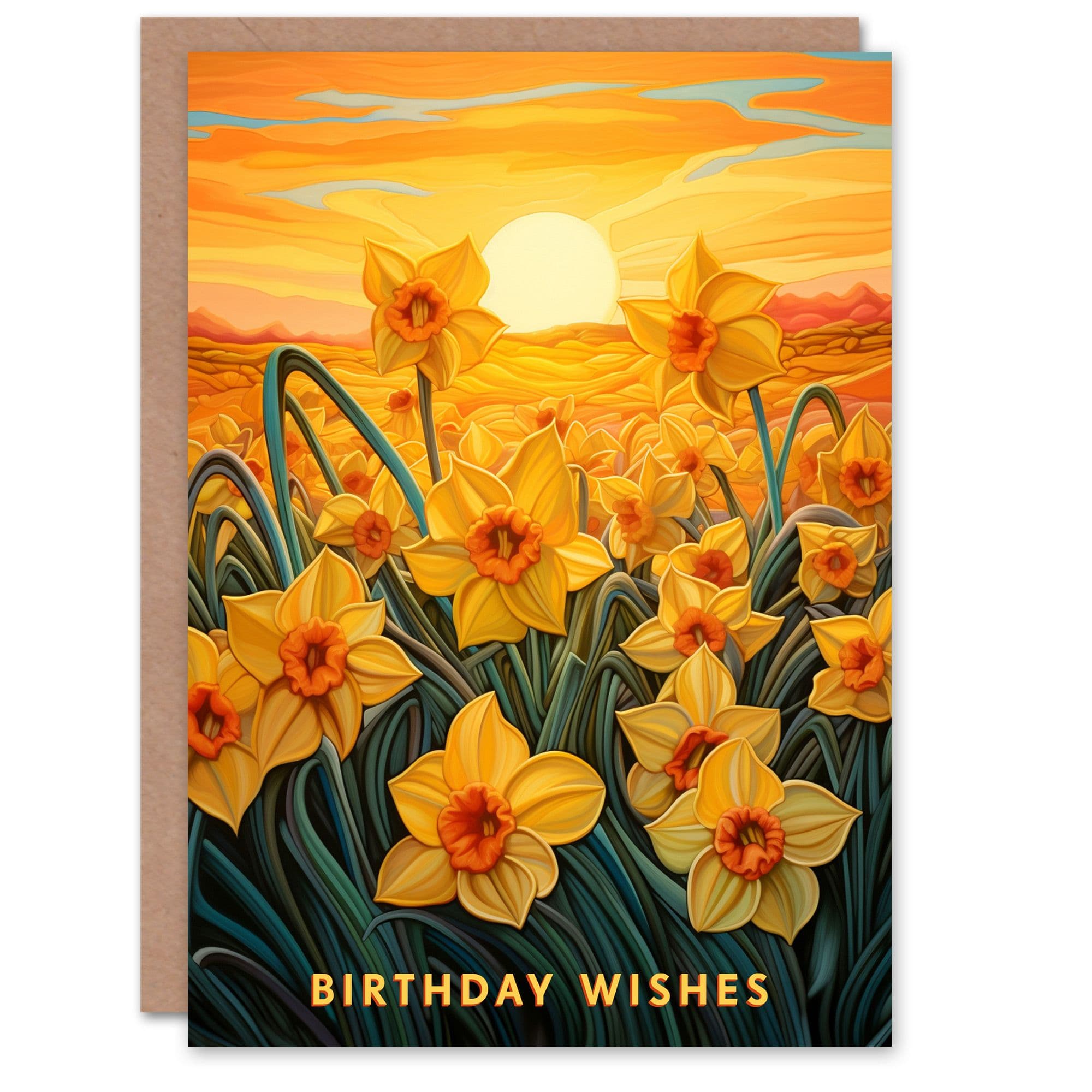 Birthday Wishes Greeting Card Daffodil Flower Field Sunset For Her