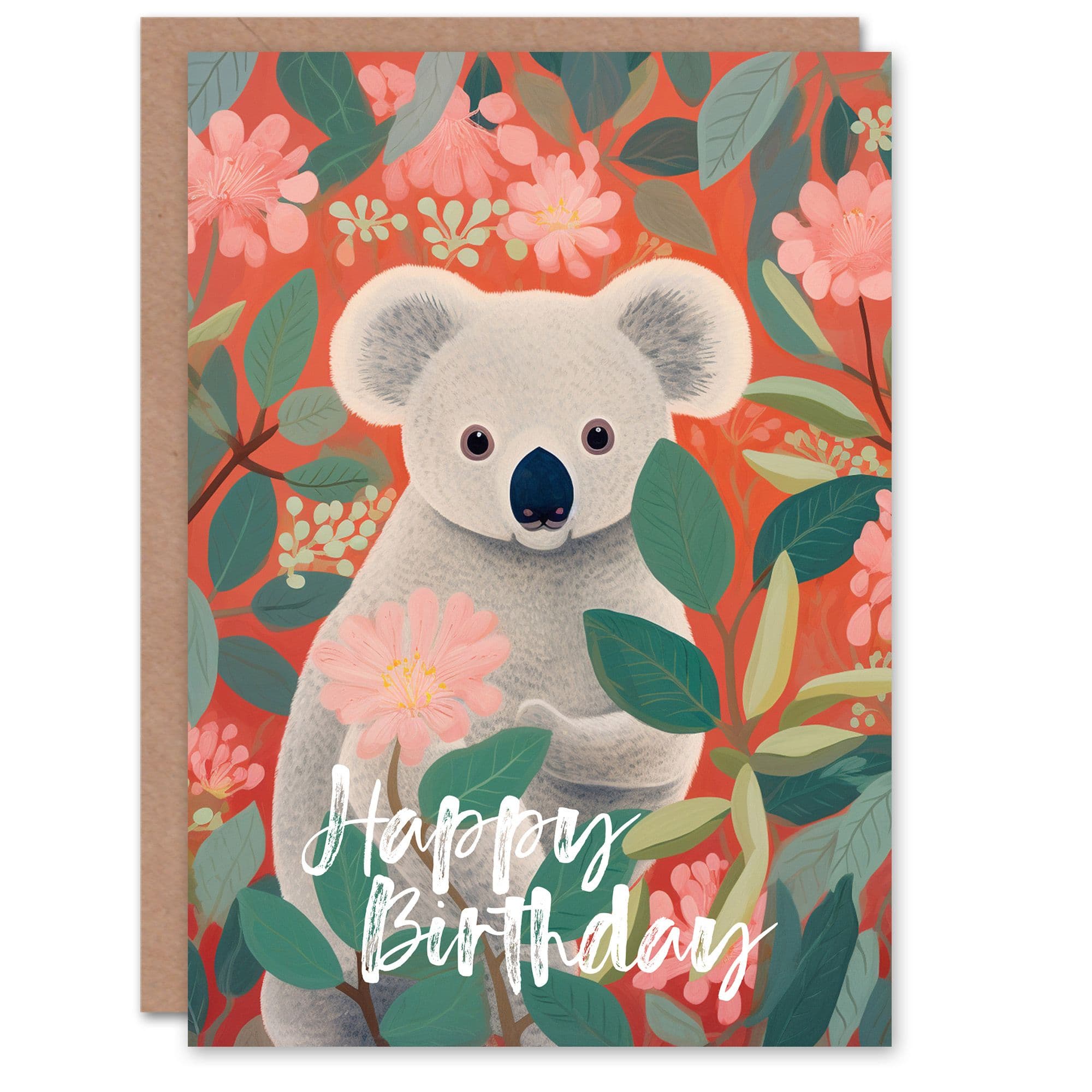 Birthday Greeting Card Floral Koala Tree Flowers Her