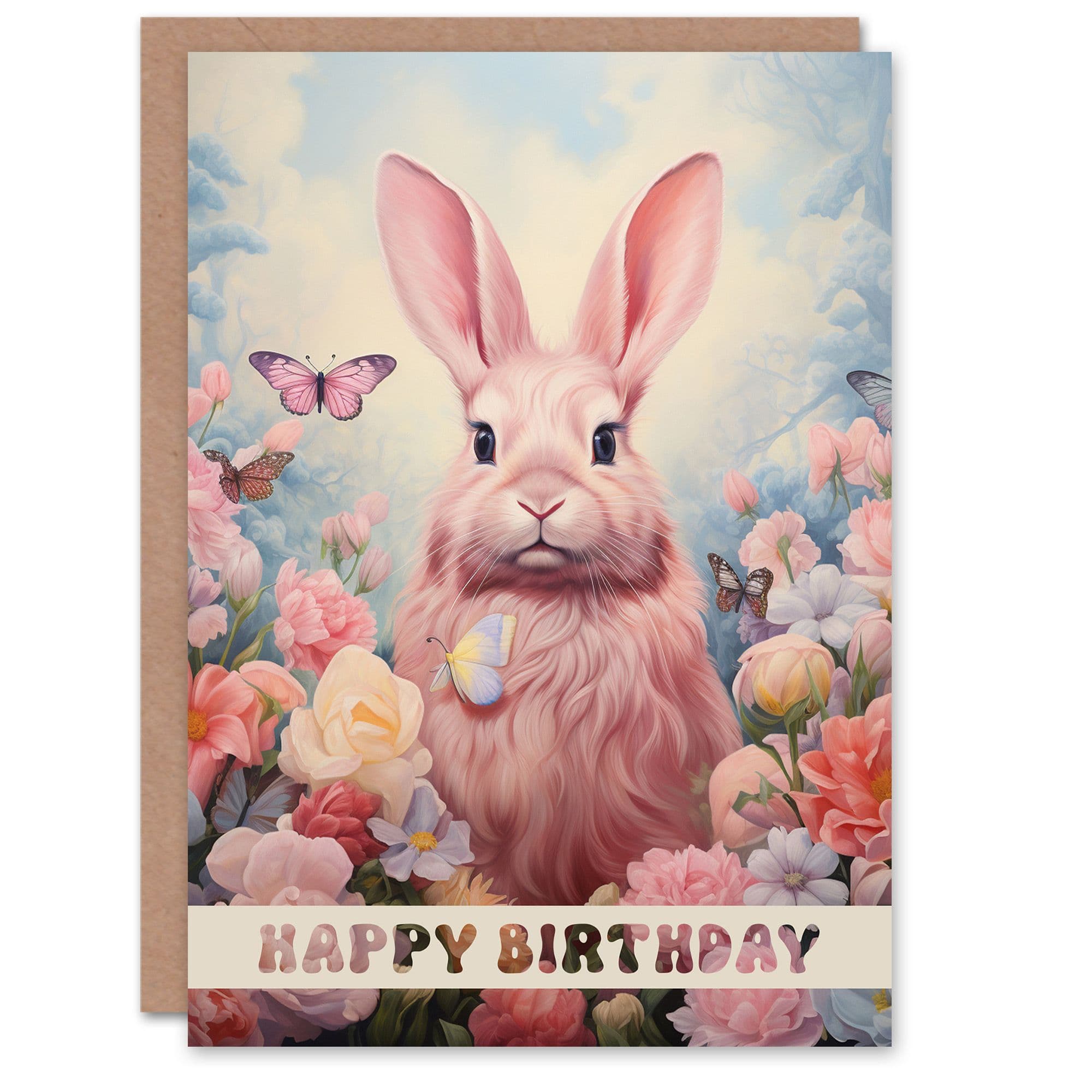 Birthday Greeting Card Bunny Rabbit Butterfly Flowers Her