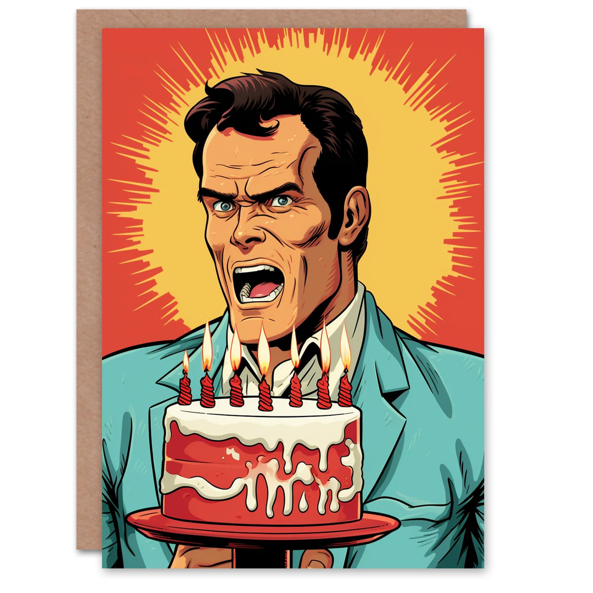 Birthday Greeting Card Funny Angry Comic Man Cake For Him Her