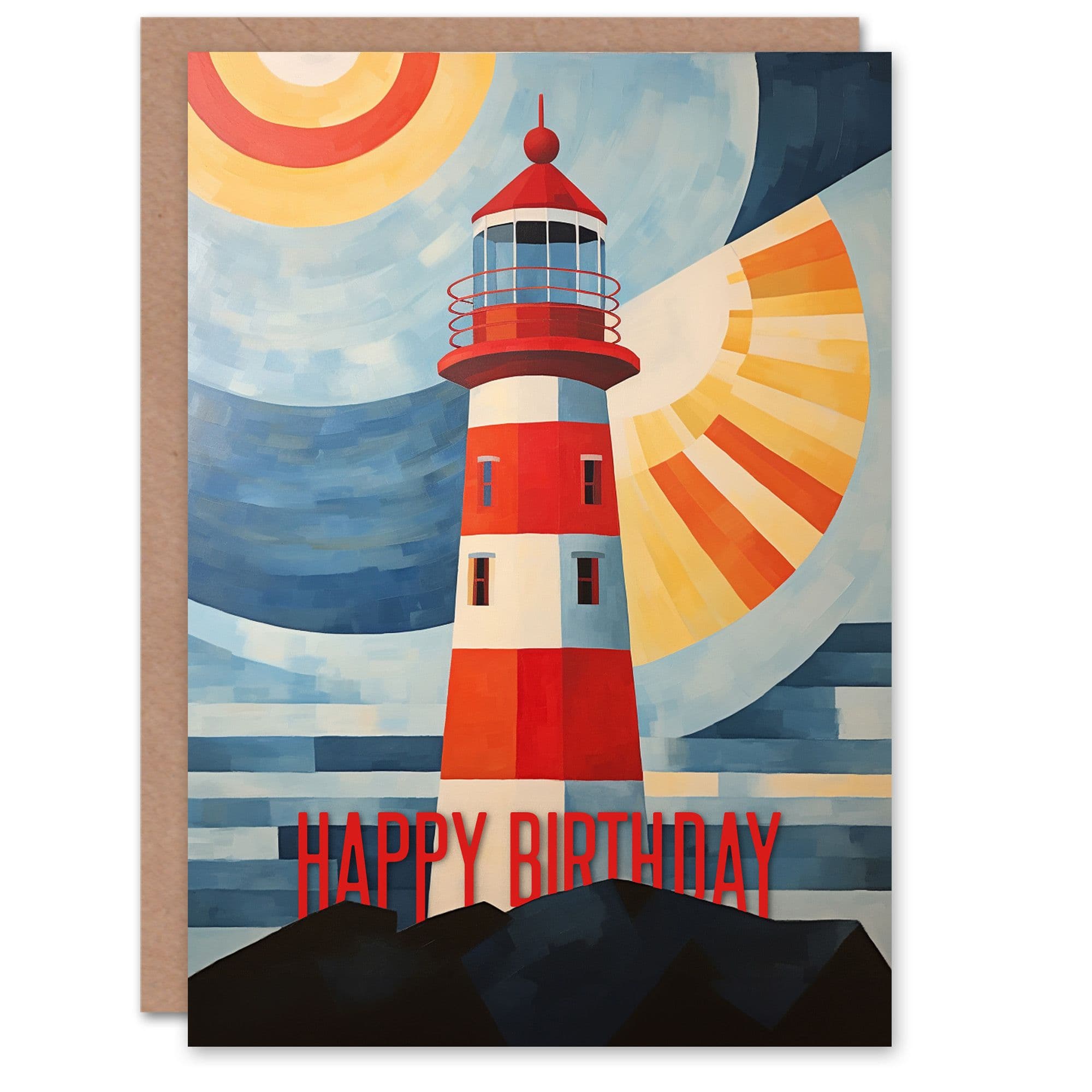 Birthday Greeting Card Abstract Nautical Lighthouse Sun Him Her