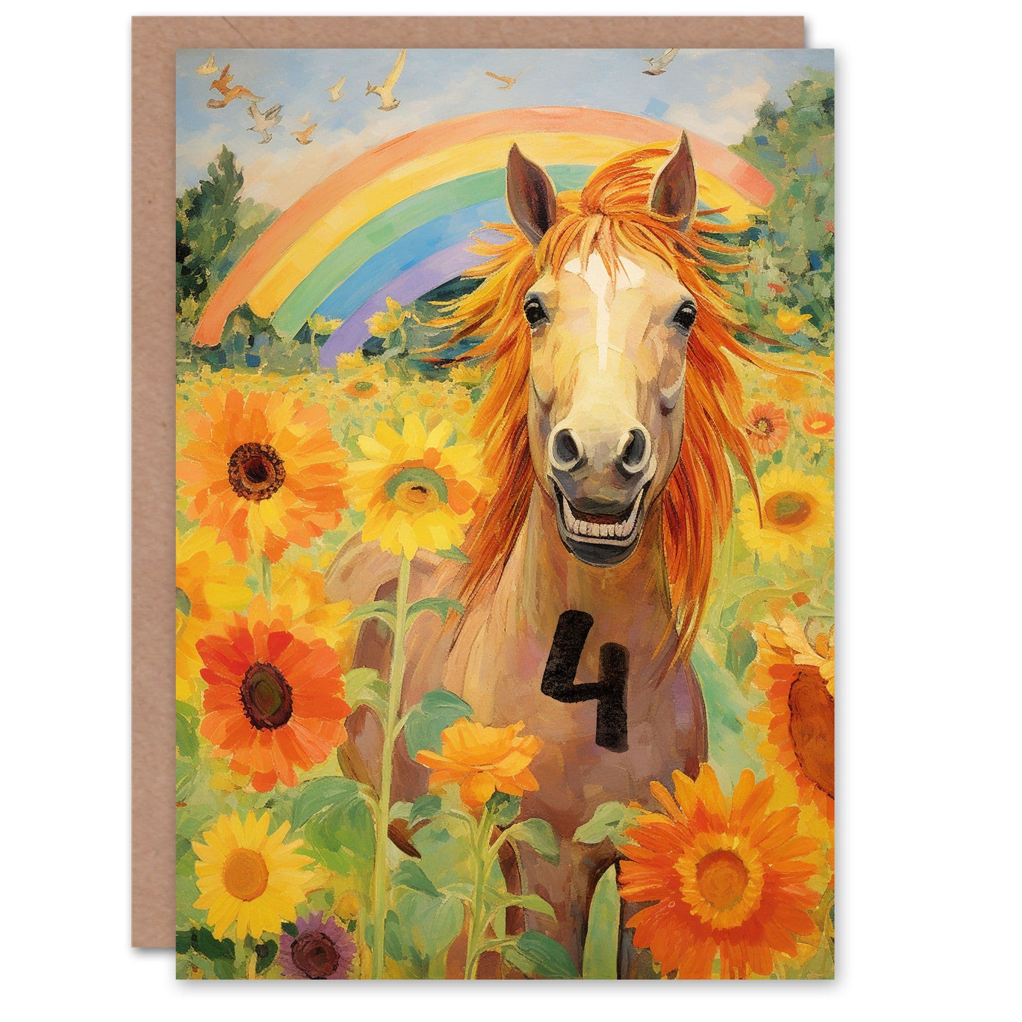 4th Birthday Greeting Card Rainbow Horse Sunflowers Kids Age 4 Year Old Child