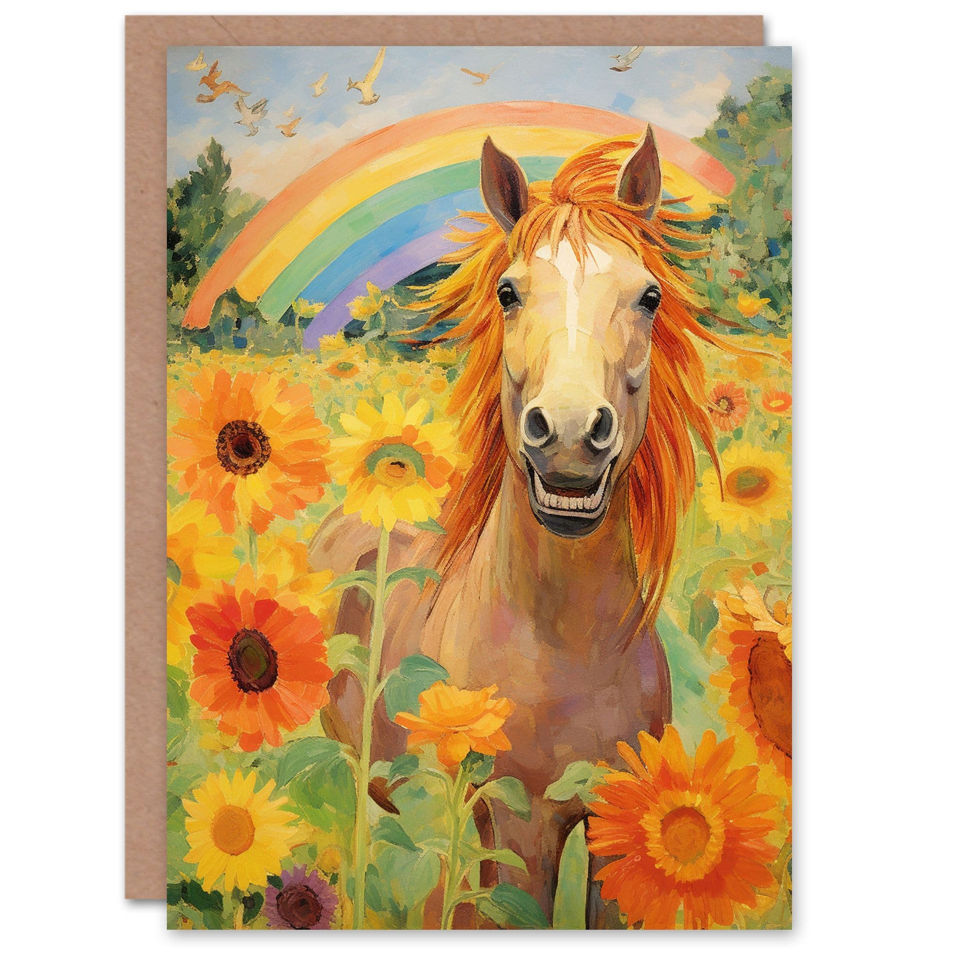 Birthday Greeting Card Rainbow Horse Sunflowers For Her