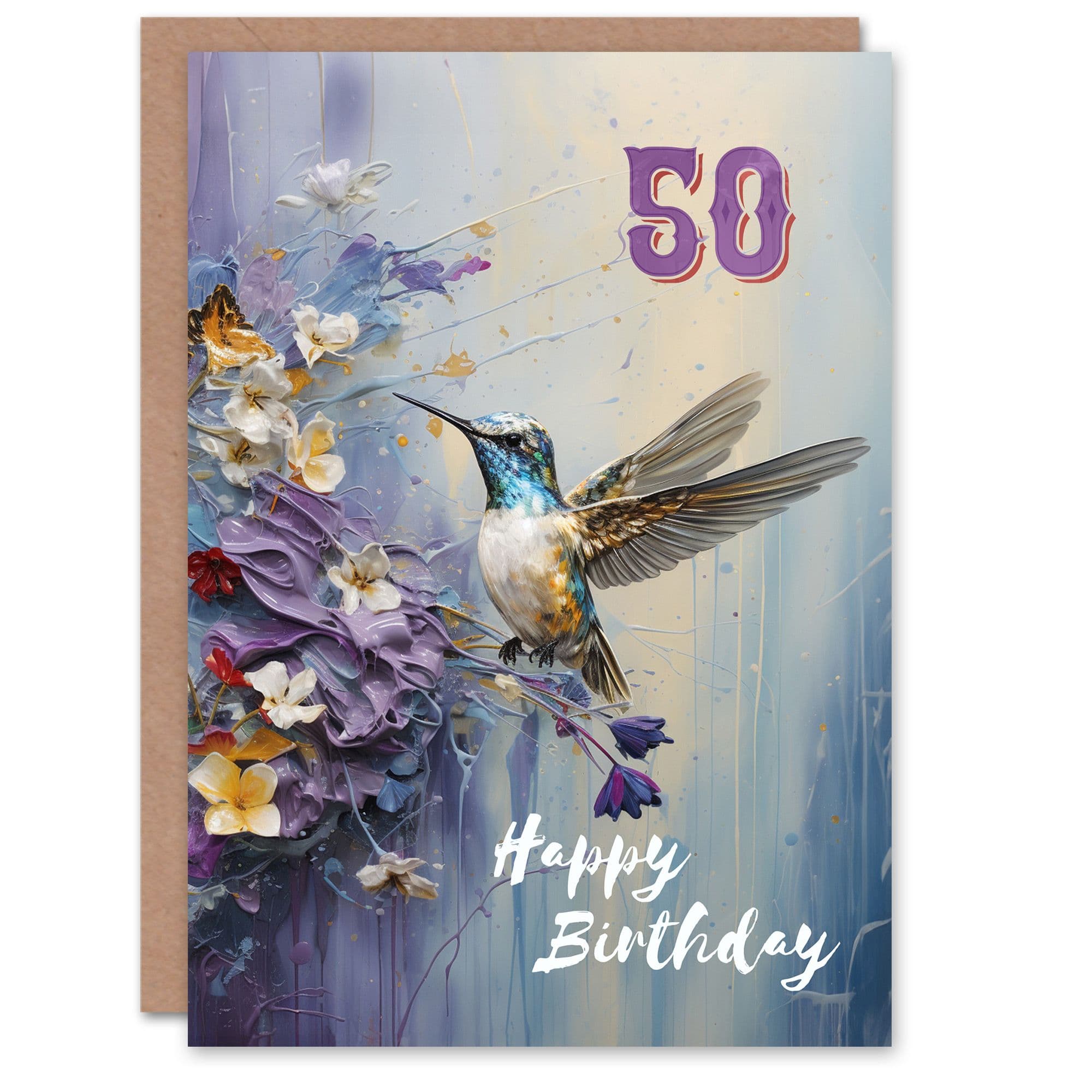 50th Birthday Greeting Card Hummingbird Flowers Painting Age 50 For Her