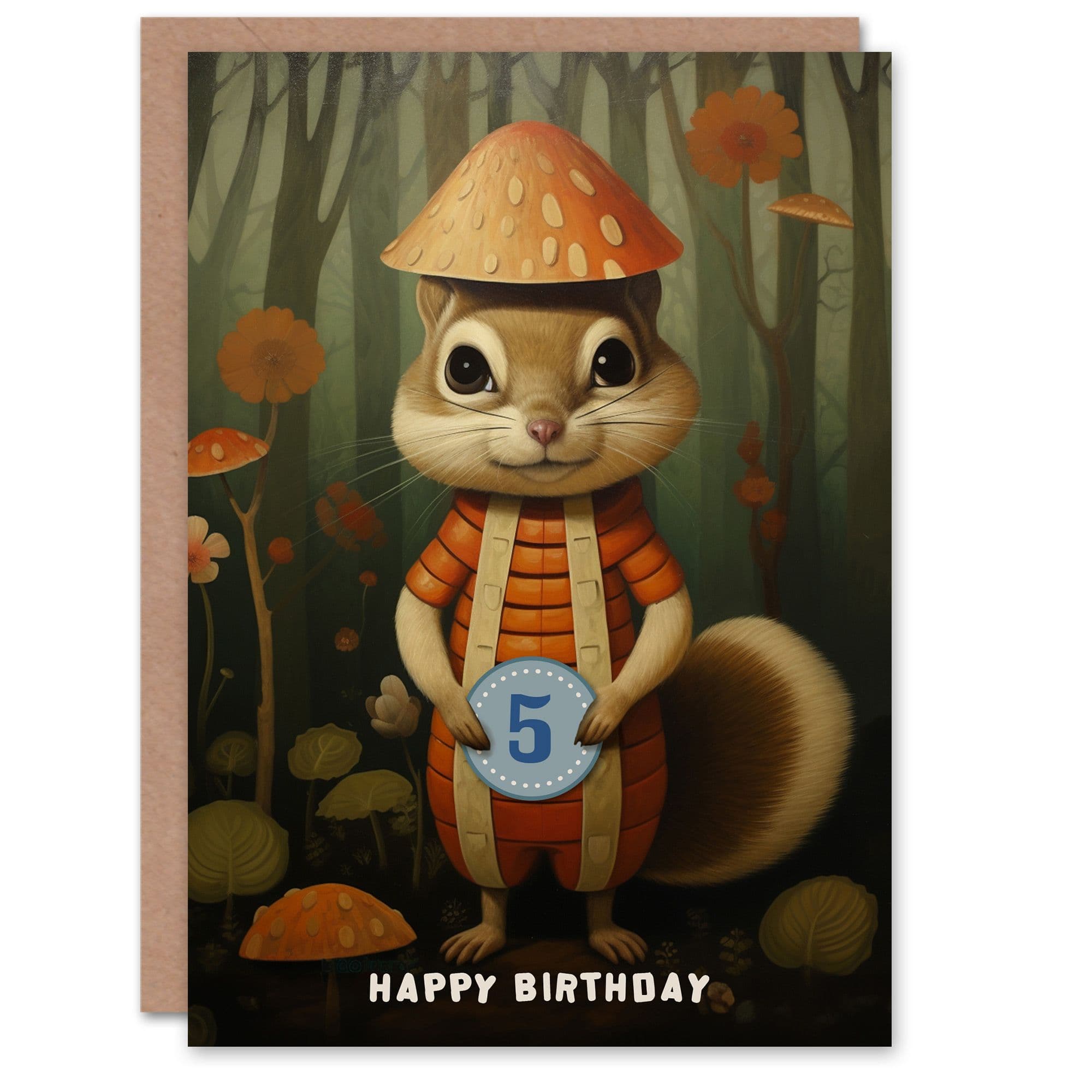 5th Birthday Greeting Card Squirrel Mushroom Woodland Kids Age 5 Year Old Child