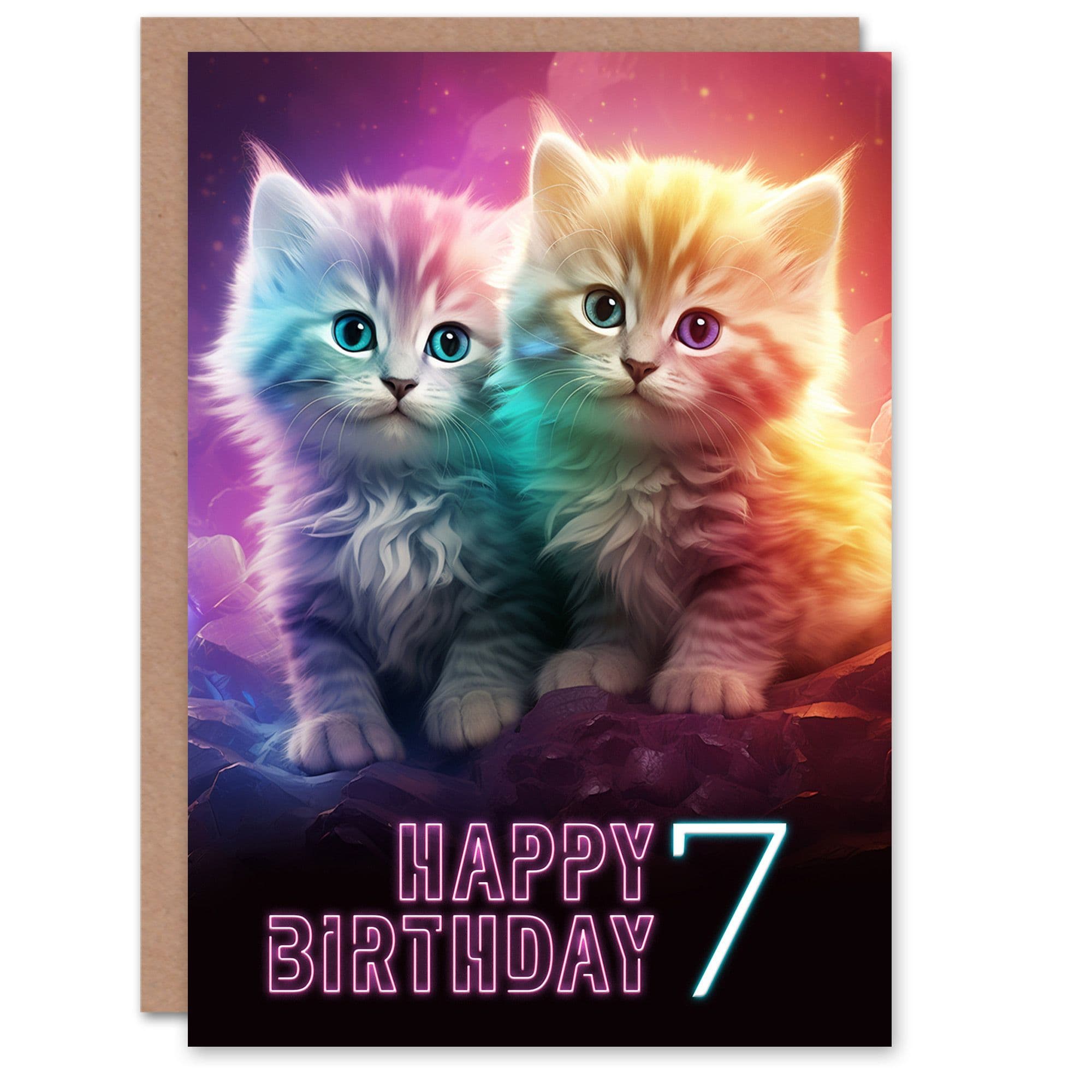 7th Birthday Greeting Card Cute Kittens Baby Cats Kids Age 7 Year Old Child