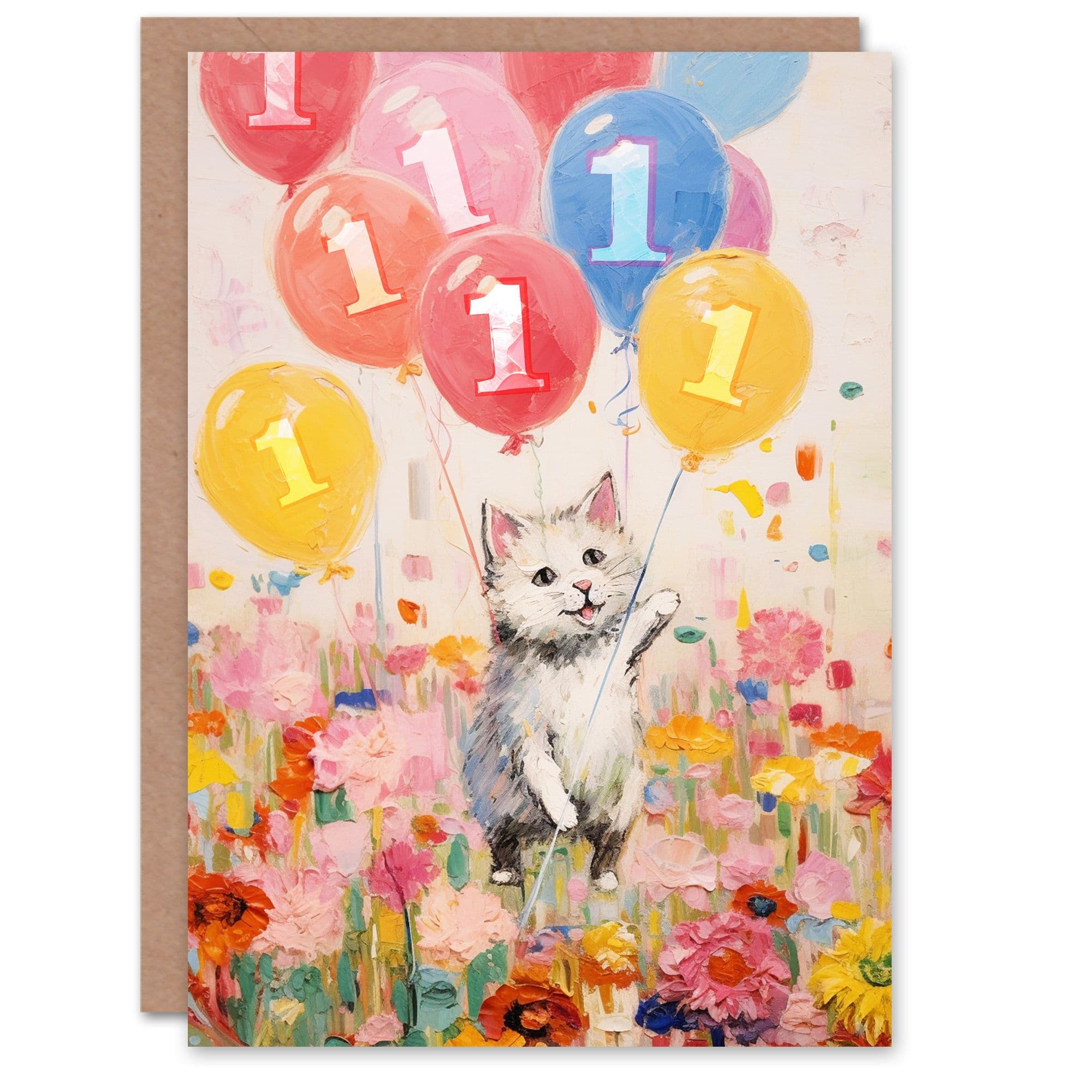 1st Birthday Greeting Card Flowers Kitty Cat Balloons Age Old