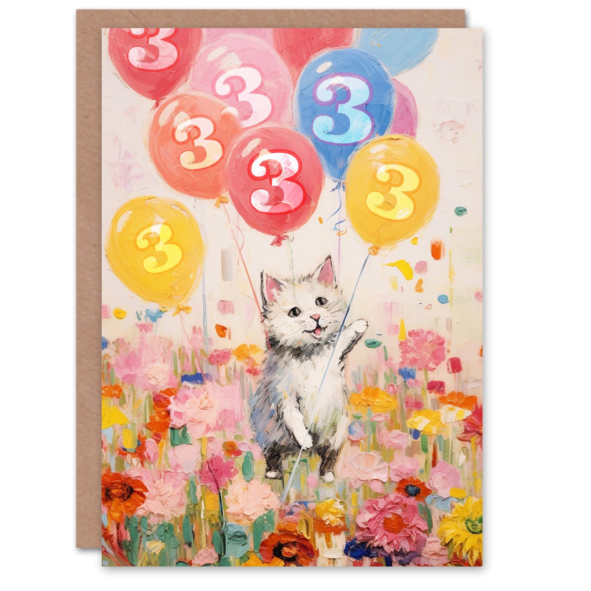 3rd Birthday Greeting Card Flowers Kitty Cat Balloons Kids Age 3 Year Old Child