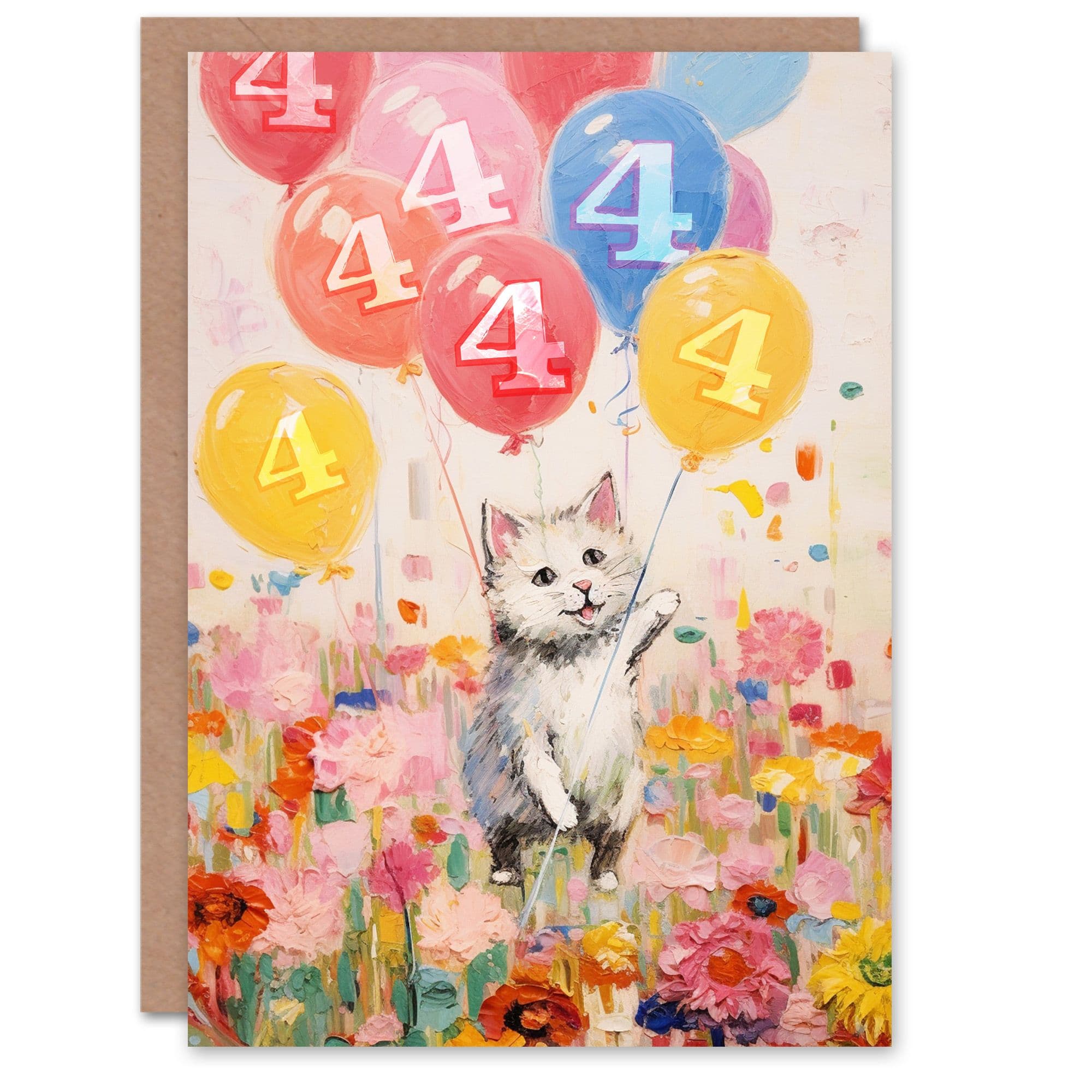 4th Birthday Greeting Card Flowers Kitty Cat Balloons Kids Age 4 Year Old Child