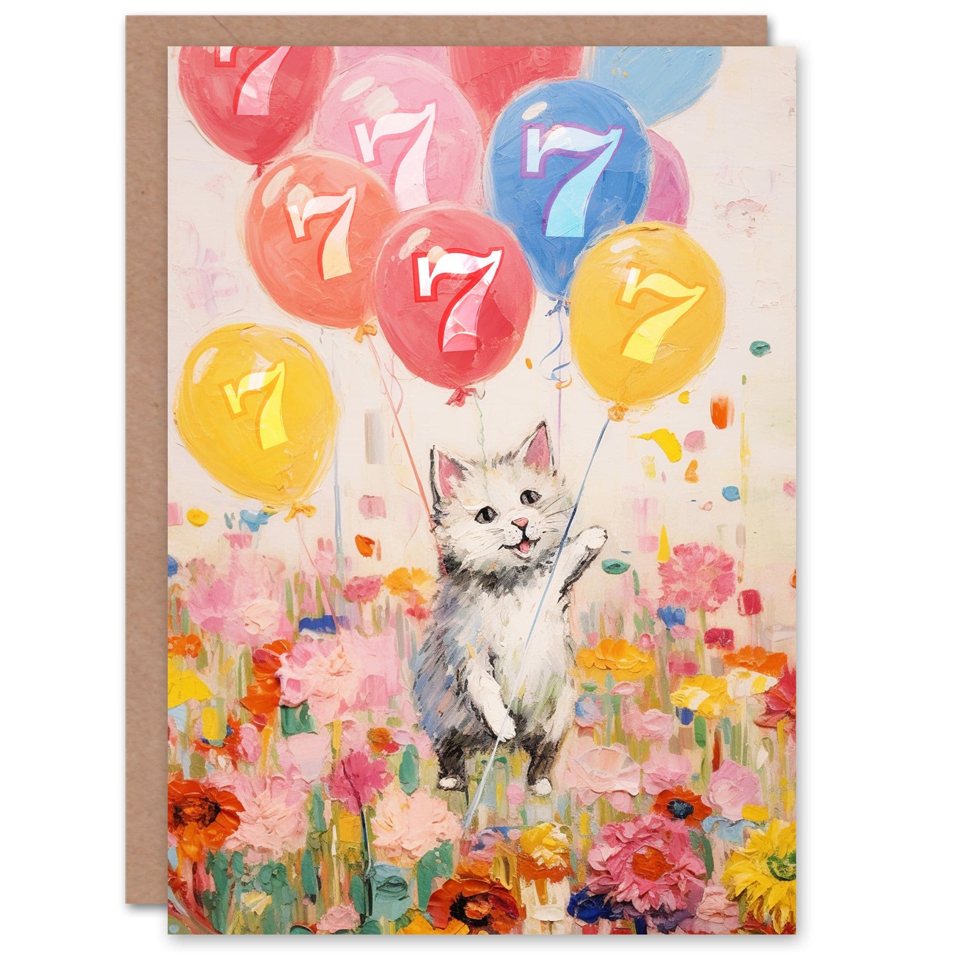 7th Birthday Greeting Card Flowers Kitty Cat Balloons Kids Age 7 Year Old Child