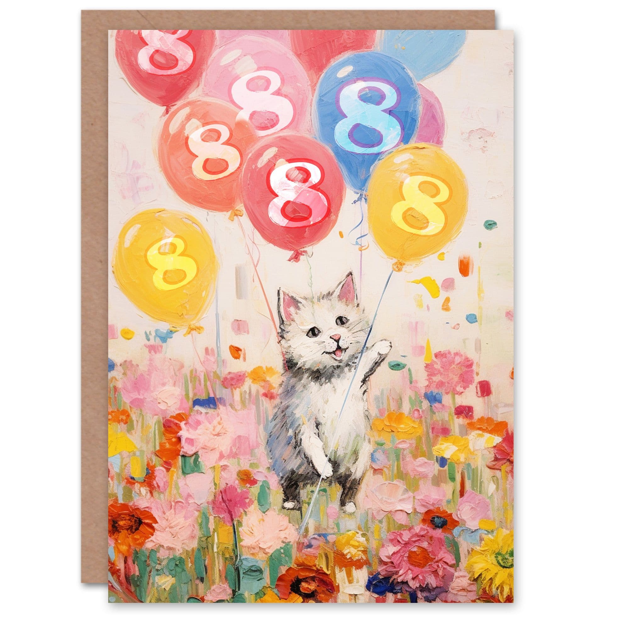 8th Birthday Greeting Card Flowers Kitty Cat Balloons Age Old