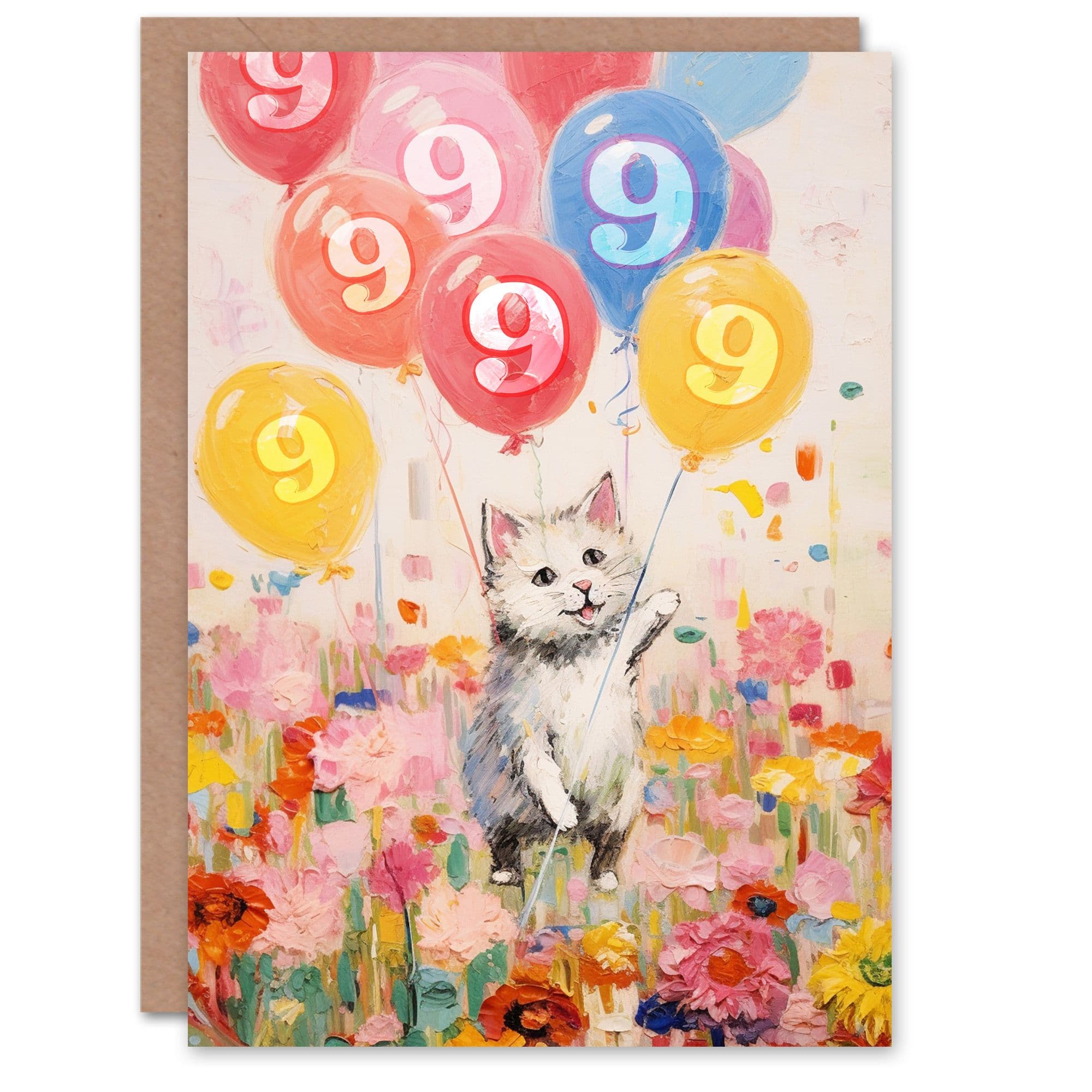 9th Birthday Greeting Card Flowers Kitty Cat Balloons Kids Age 9 Year Old Child