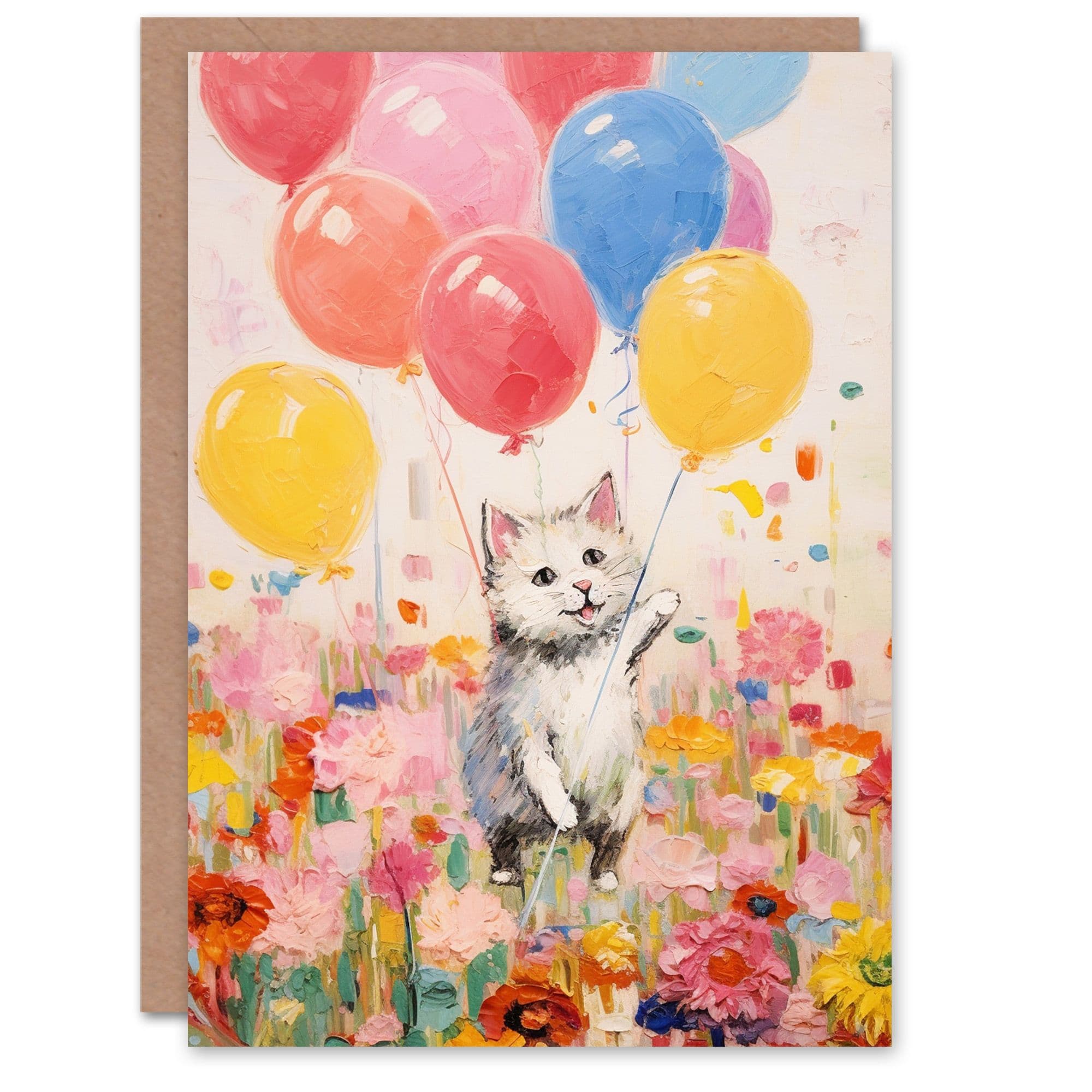 Birthday Greeting Card Flowers Kitty Cat Kids Balloons Child