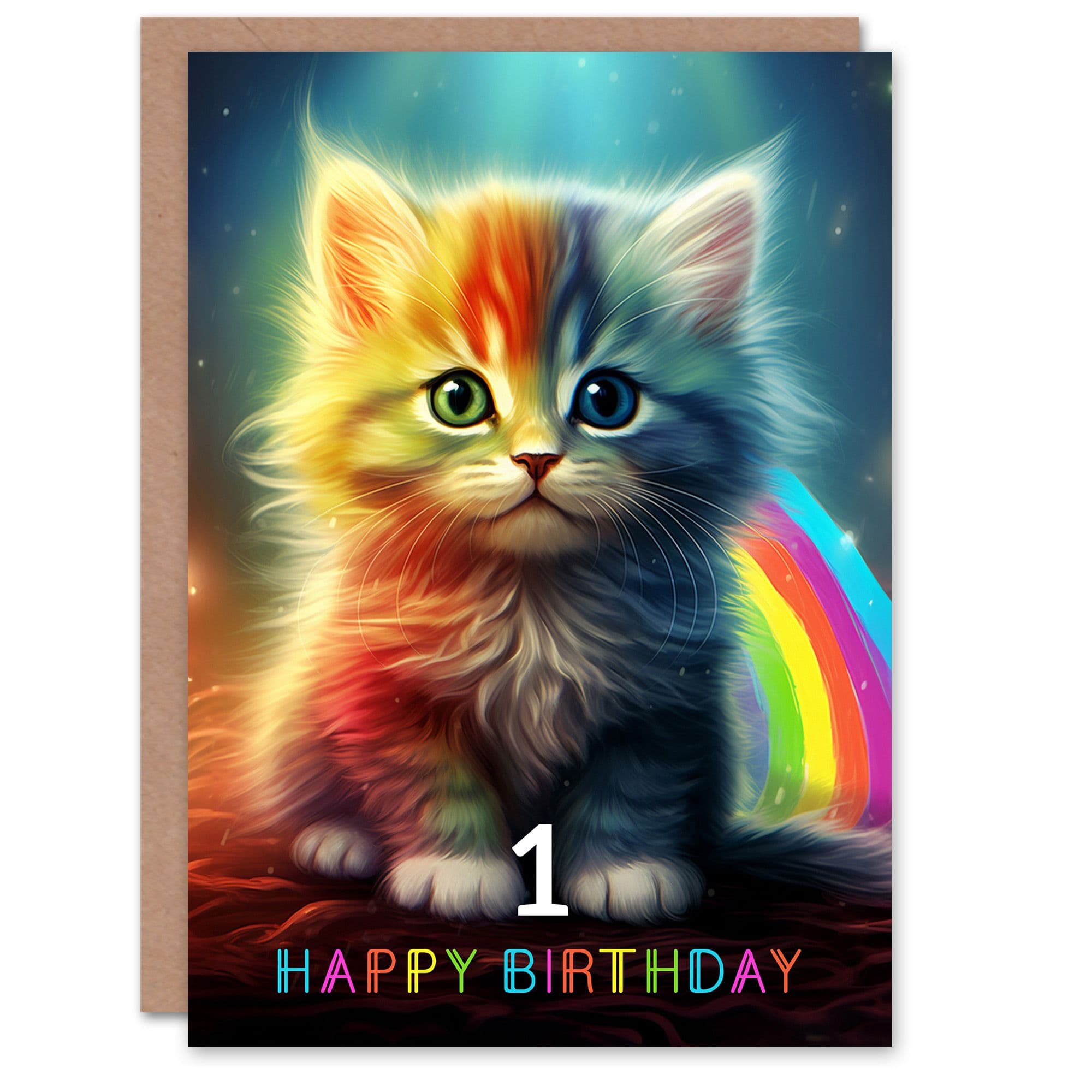 1st Birthday Greeting Card Kids Cute Rainbow Kitten Age 1 Year Old Child