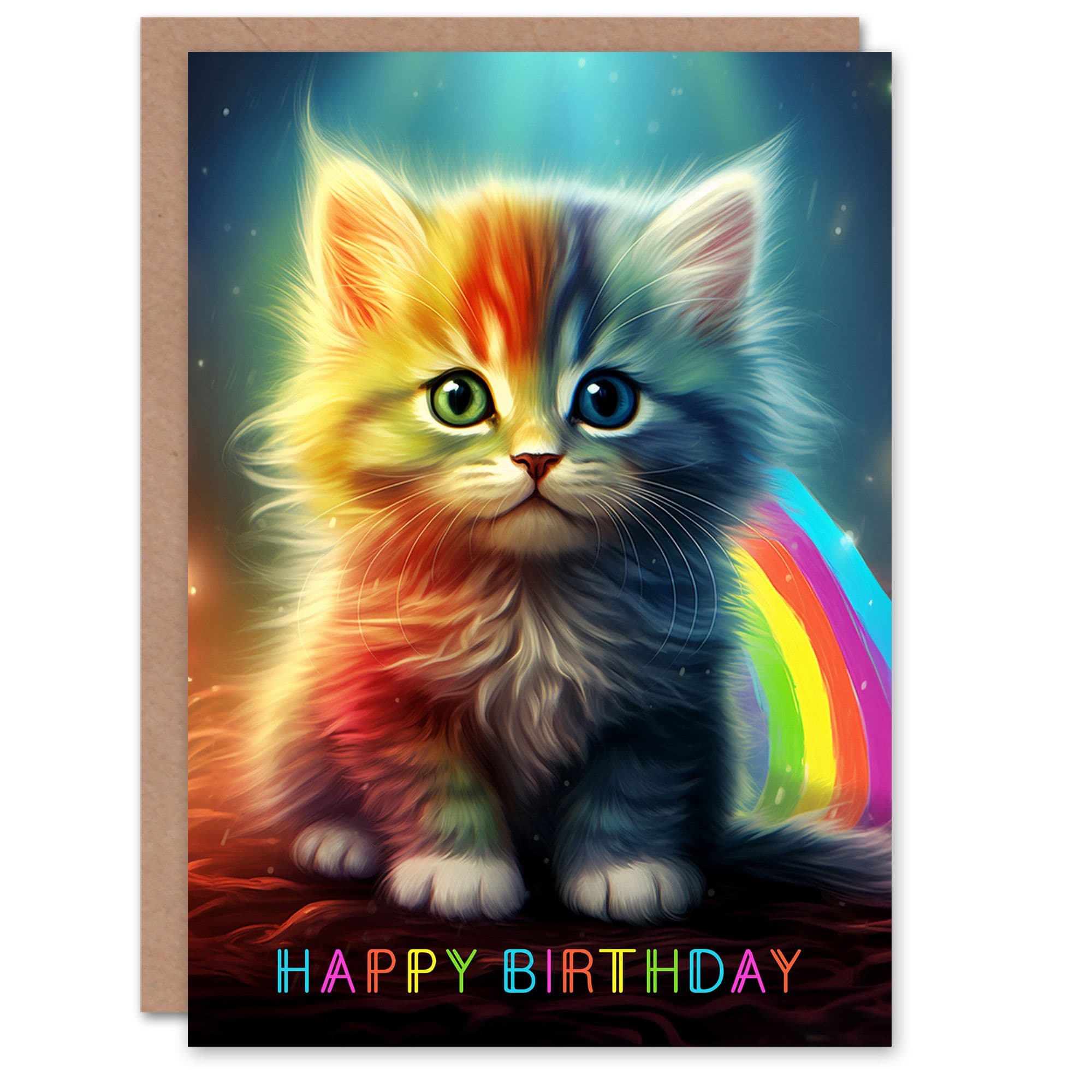 Birthday Greeting Card Kids Cute Rainbow Kitten Child