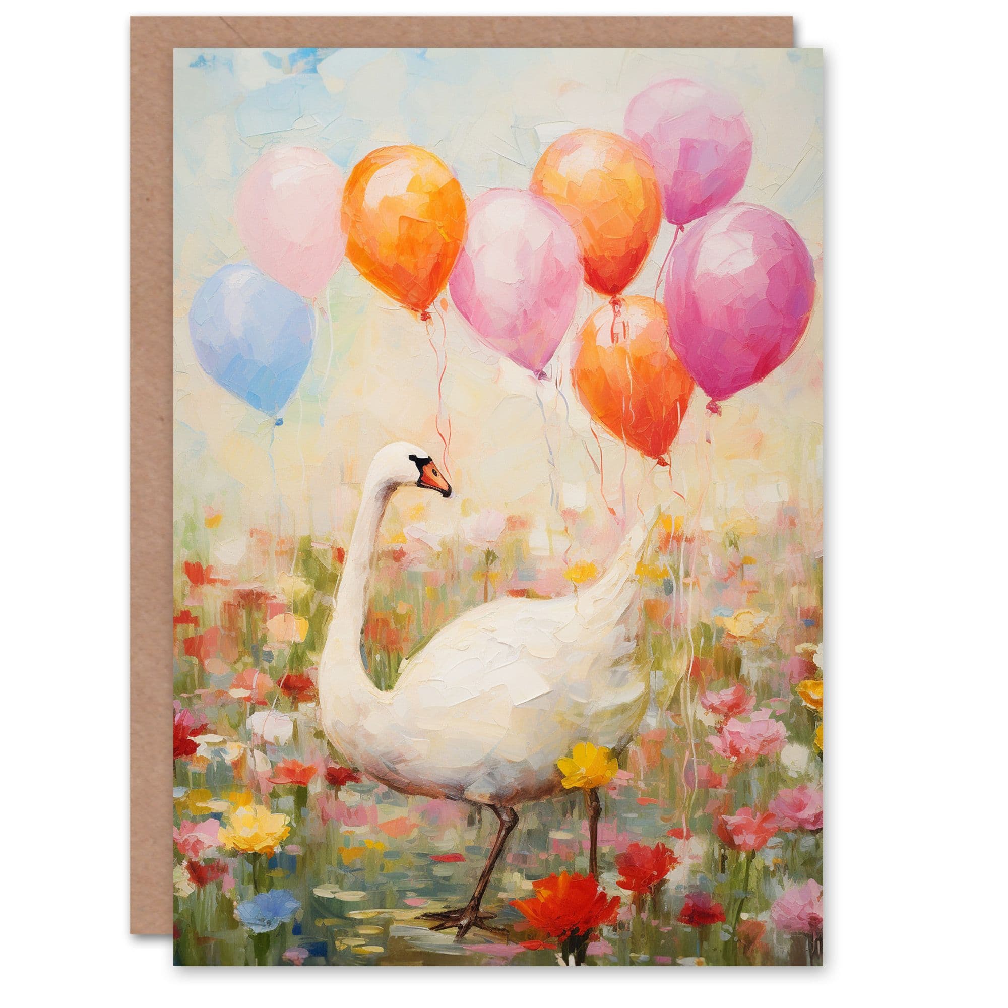 Birthday Greeting Card Swan Flower Field Balloons For Her