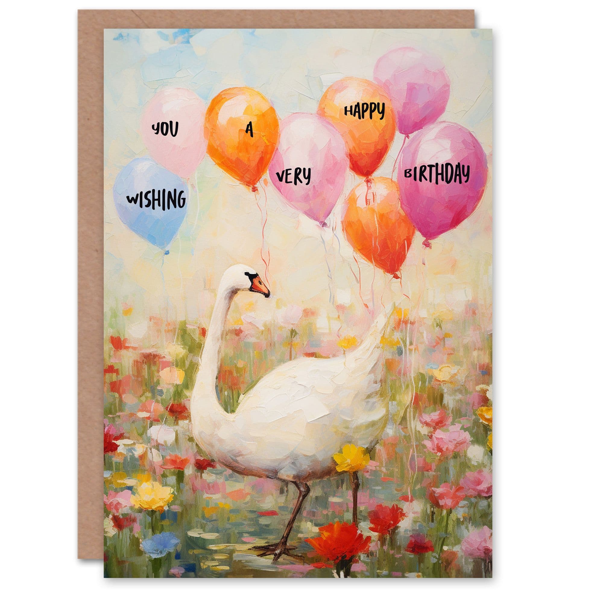 Birthday Greeting Card Wishing Swan Flower Field Balloons For Her