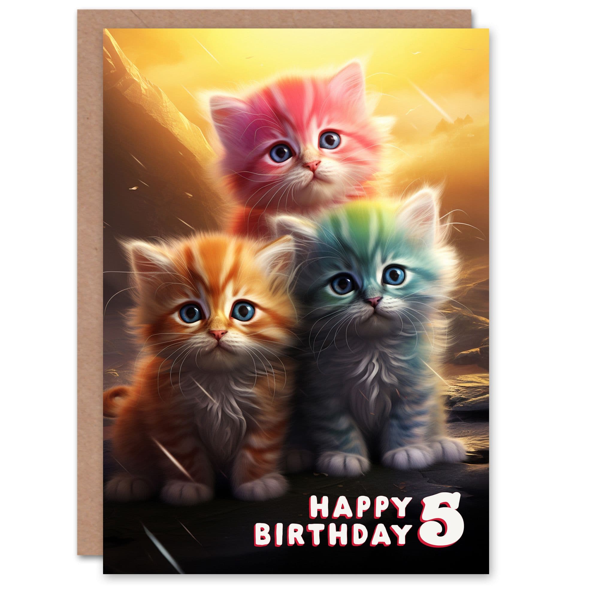 5th Birthday Greeting Card Cute Rainbow Kittens Kids Age 5 Year Old Child