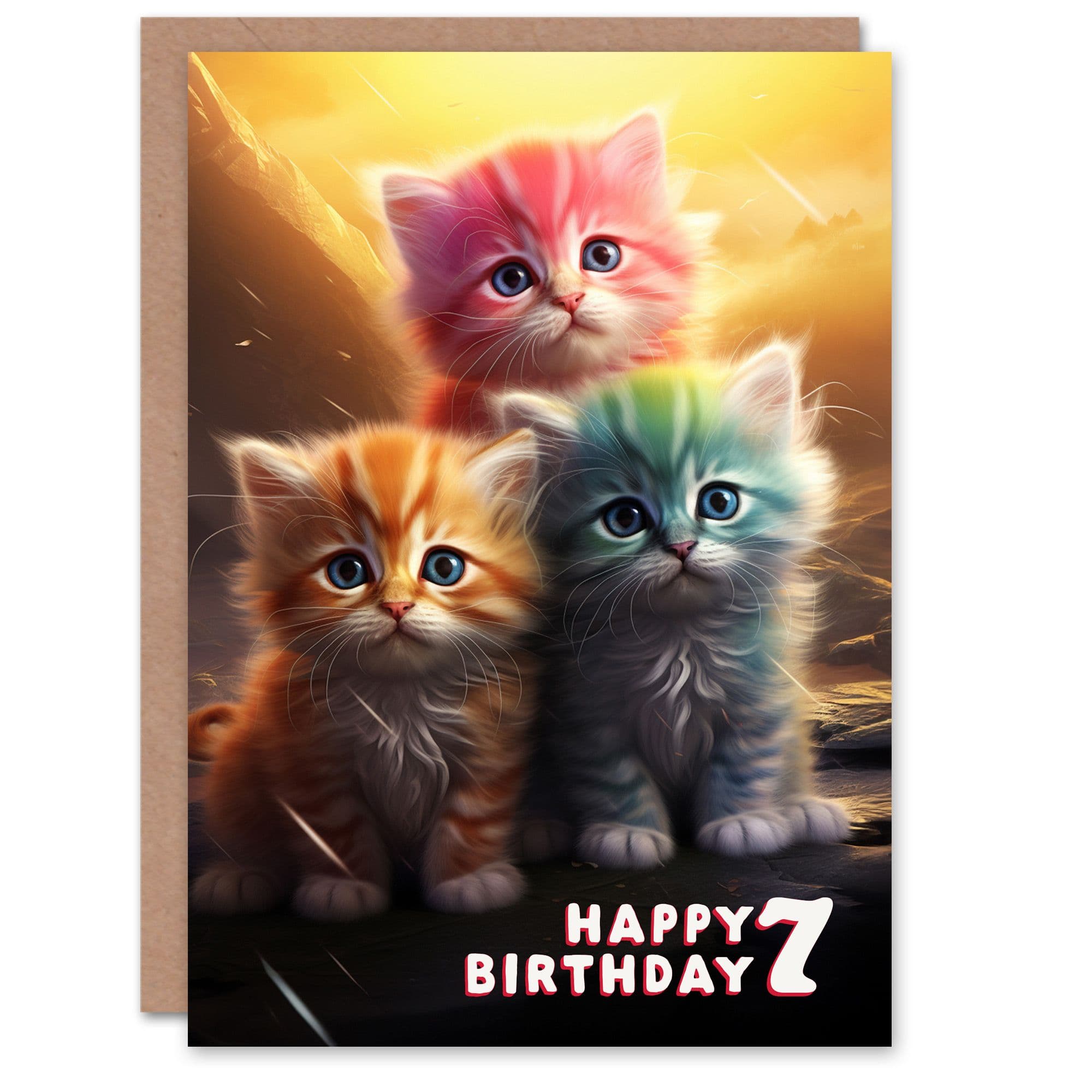 7th Birthday Greeting Card Cute Rainbow Kittens Kids Age 7 Year Old Child