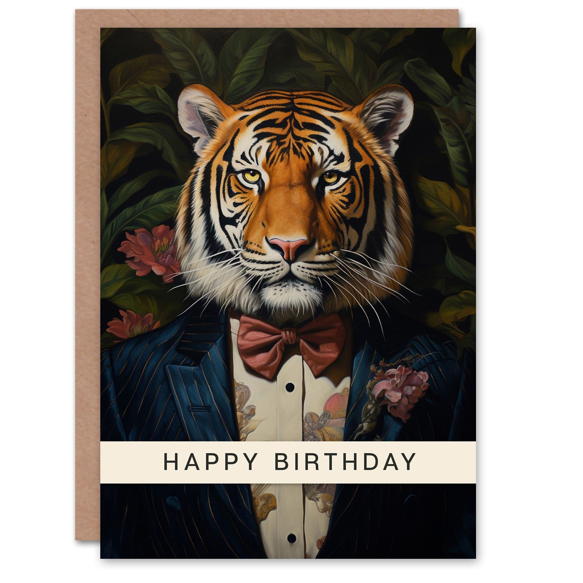 Birthday Greeting Card Classy Tiger Floral Portrait For Him