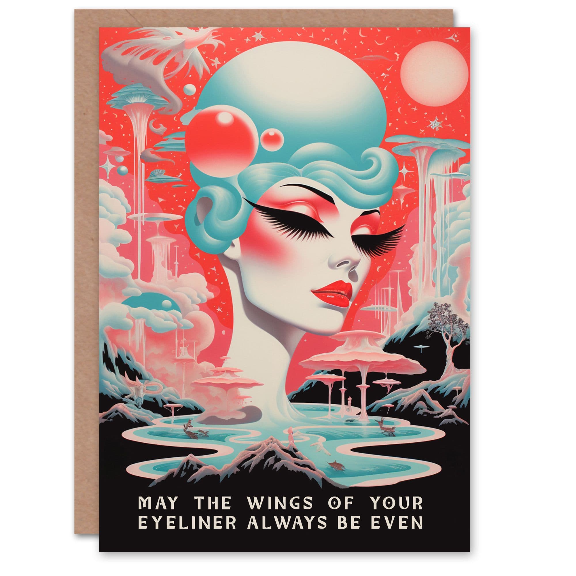 Birthday Greeting Card Cosmic Space Lady Eyeliner Wings Retro Sci-Fi Funny For Her