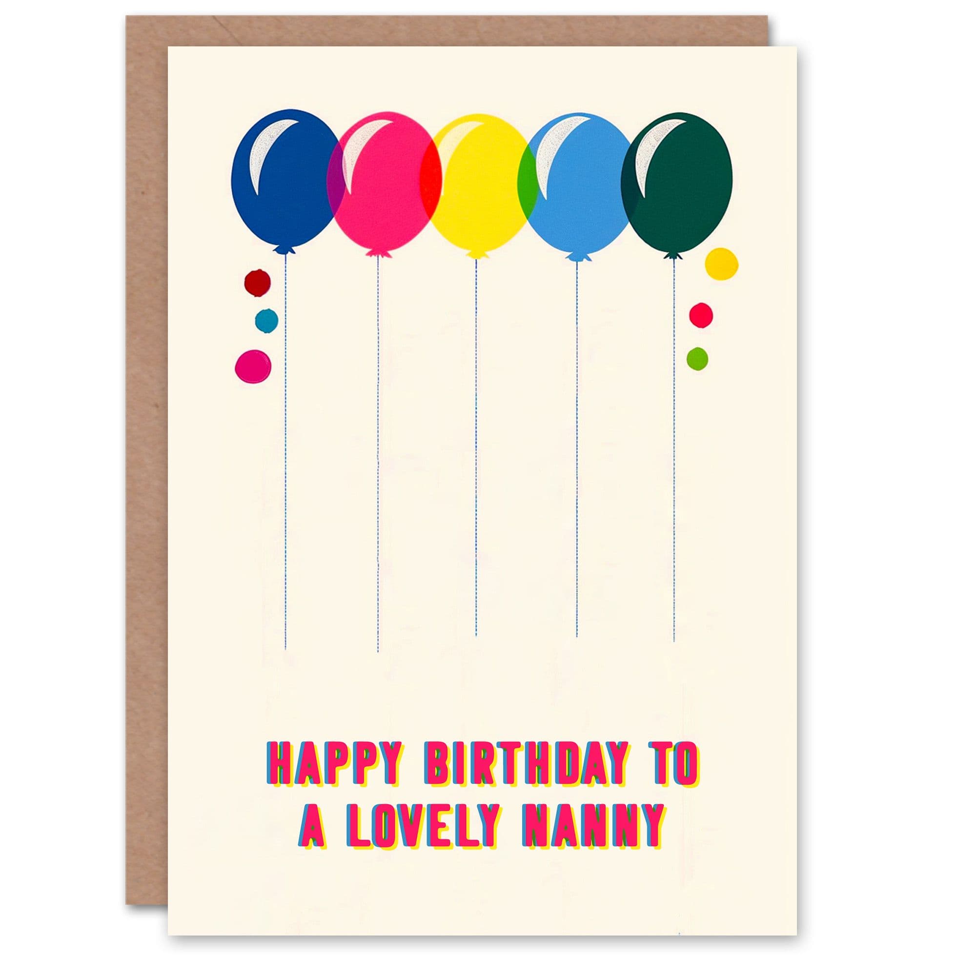 Nanny Happy Birthday Card Fun Colourful Cheerful Pink Blue Yellow Balloons For Her Greeting Card