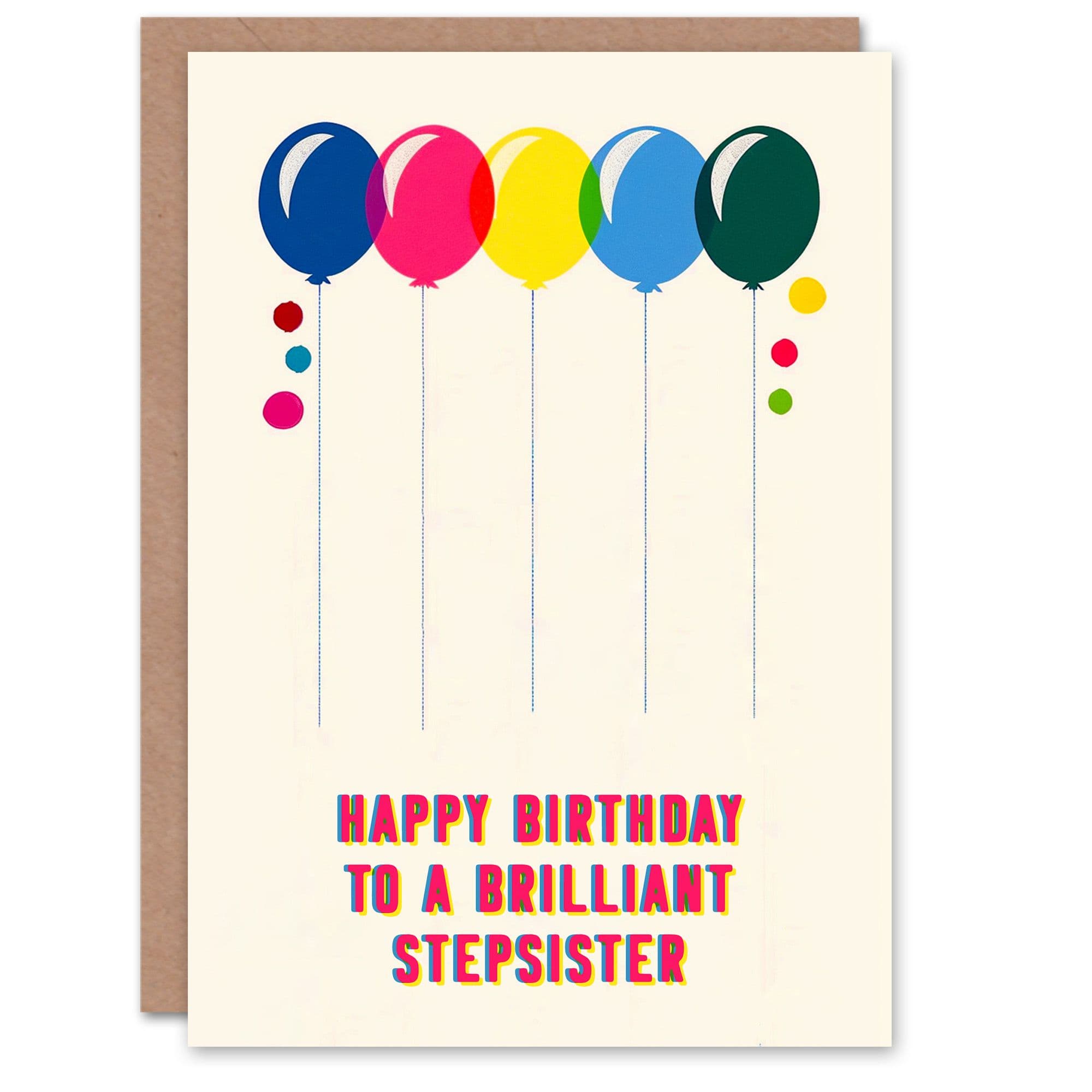 Stepsister Happy Birthday Card Fun Colourful Cheerful Pink Blue Yellow Balloons For Her Greeting Card