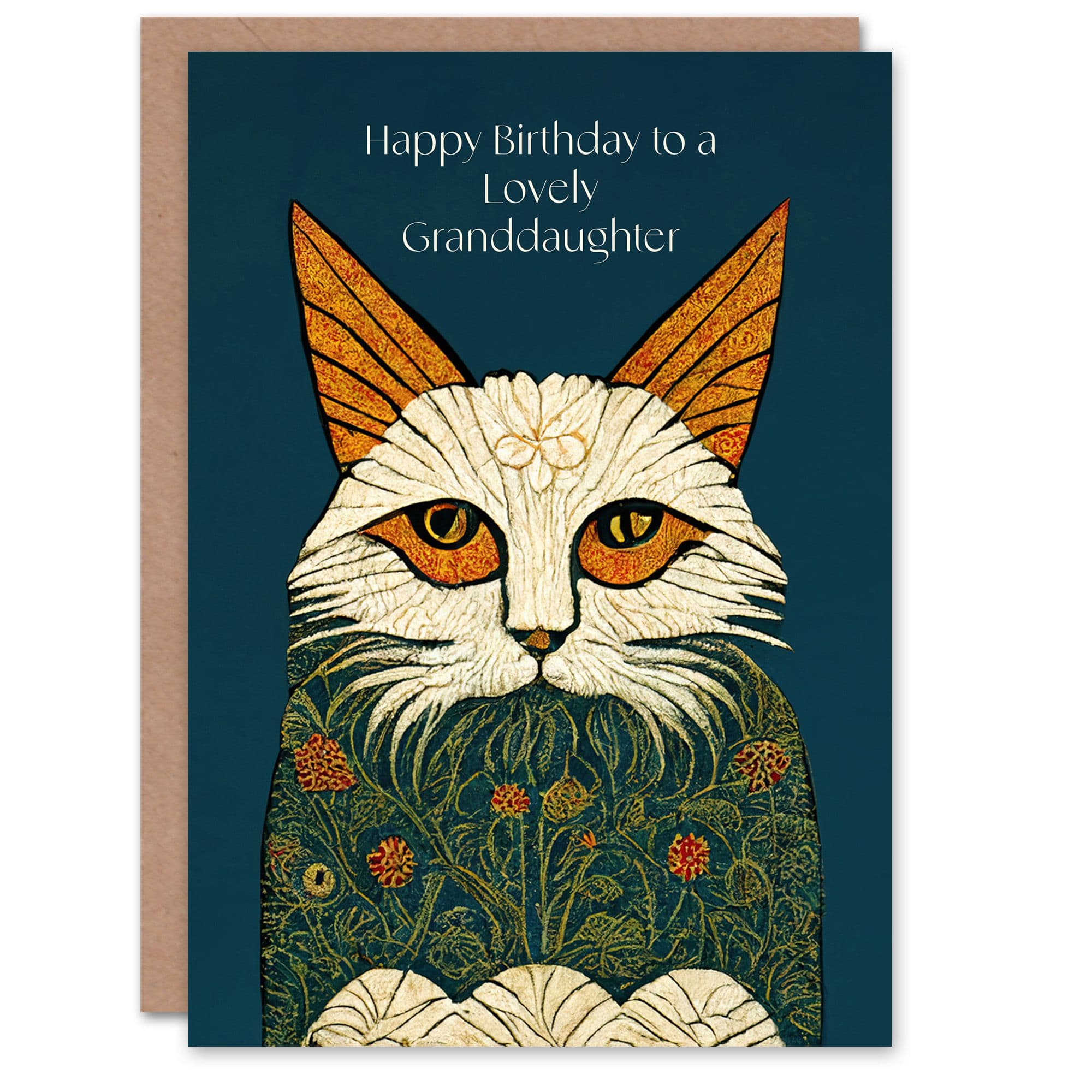 Granddaughter Happy Birthday Card Magnificent Moggie William Morris Style Elegant Retro Cat Her Greeting Card