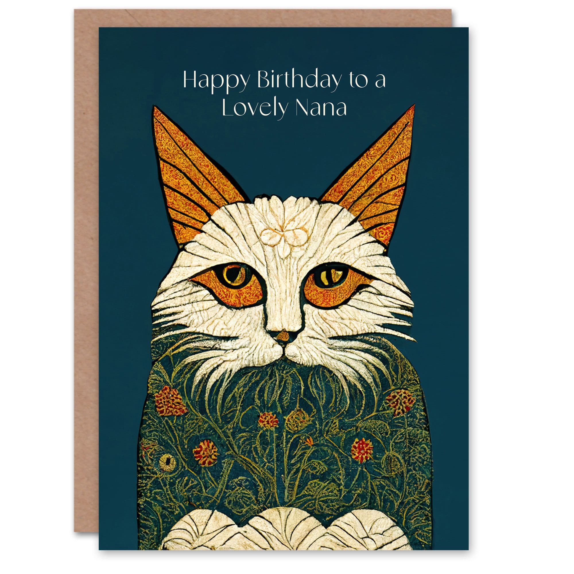 Nana Happy Birthday Card Magnificent Moggie William Morris Style Elegant Retro Cat For Her Greeting Card