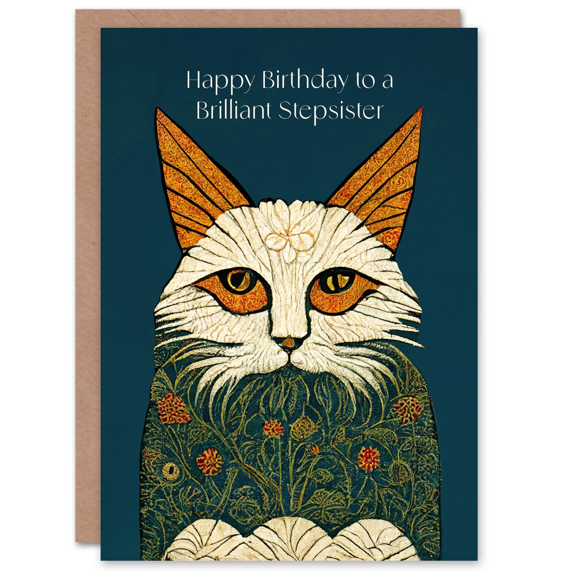 Stepsister Happy Birthday Card Magnificent Moggie William Morris Style Elegant Retro Cat Her Greeting Card