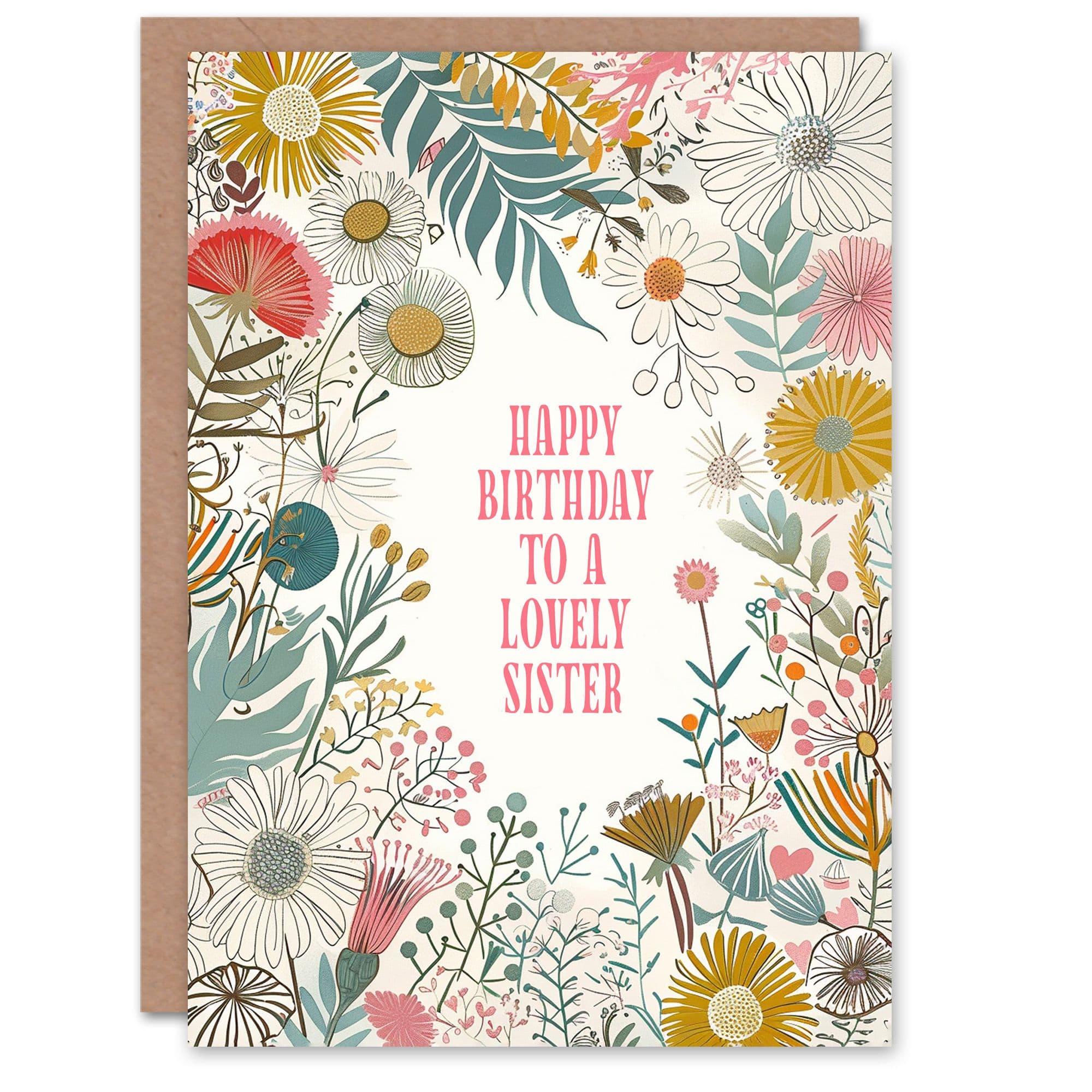 Sister Happy Birthday Card Modern Floral Wildflower Boho Elegant Botanical For Her Greeting Card