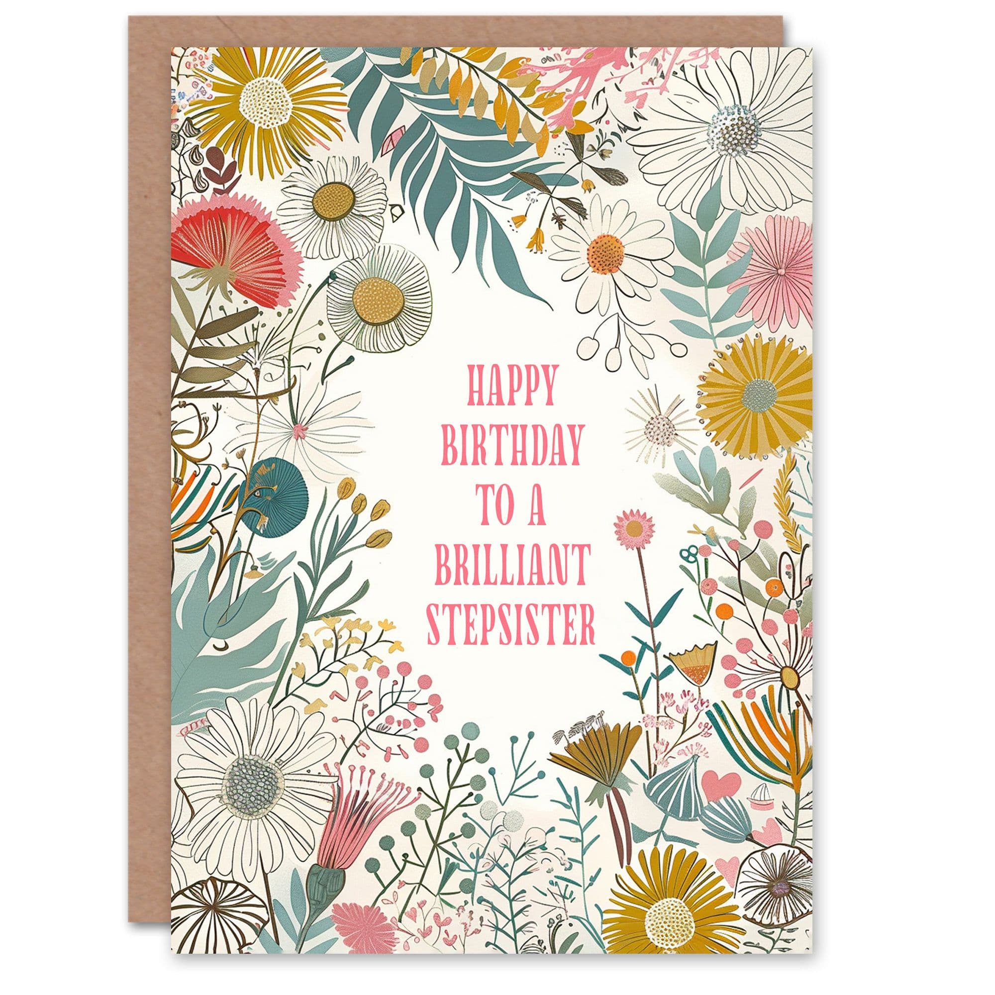 Stepsister Happy Birthday Card Modern Floral Wildflower Boho Elegant Botanical Her Greeting Card