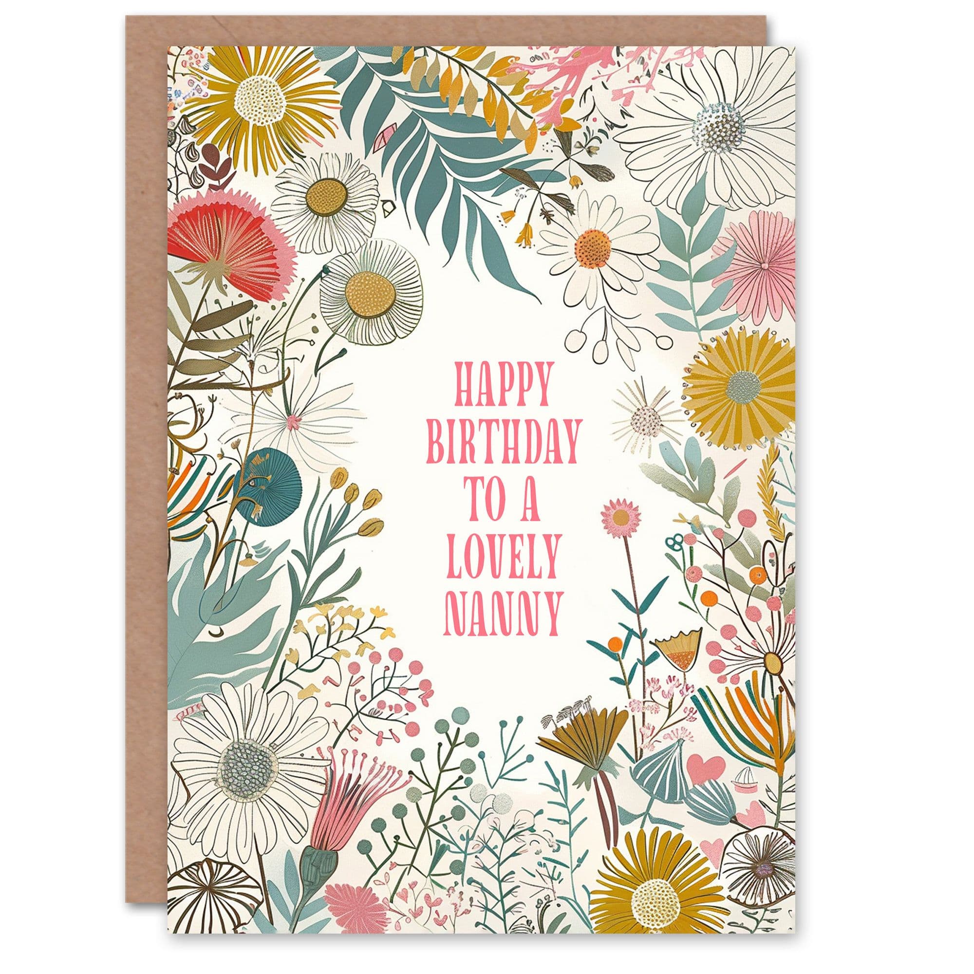 Nanny Happy Birthday Card Modern Floral Wildflower Boho Elegant Botanical For Her Greeting Card
