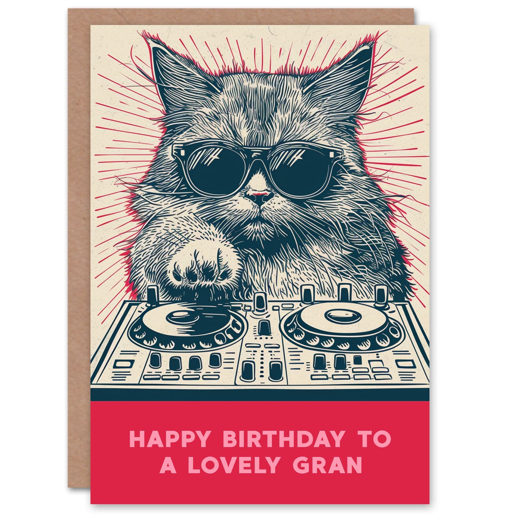 Gran Happy Birthday Card DJ Moggie Retro Cool Cat On Decks Fun Funny For Her Greeting Card
