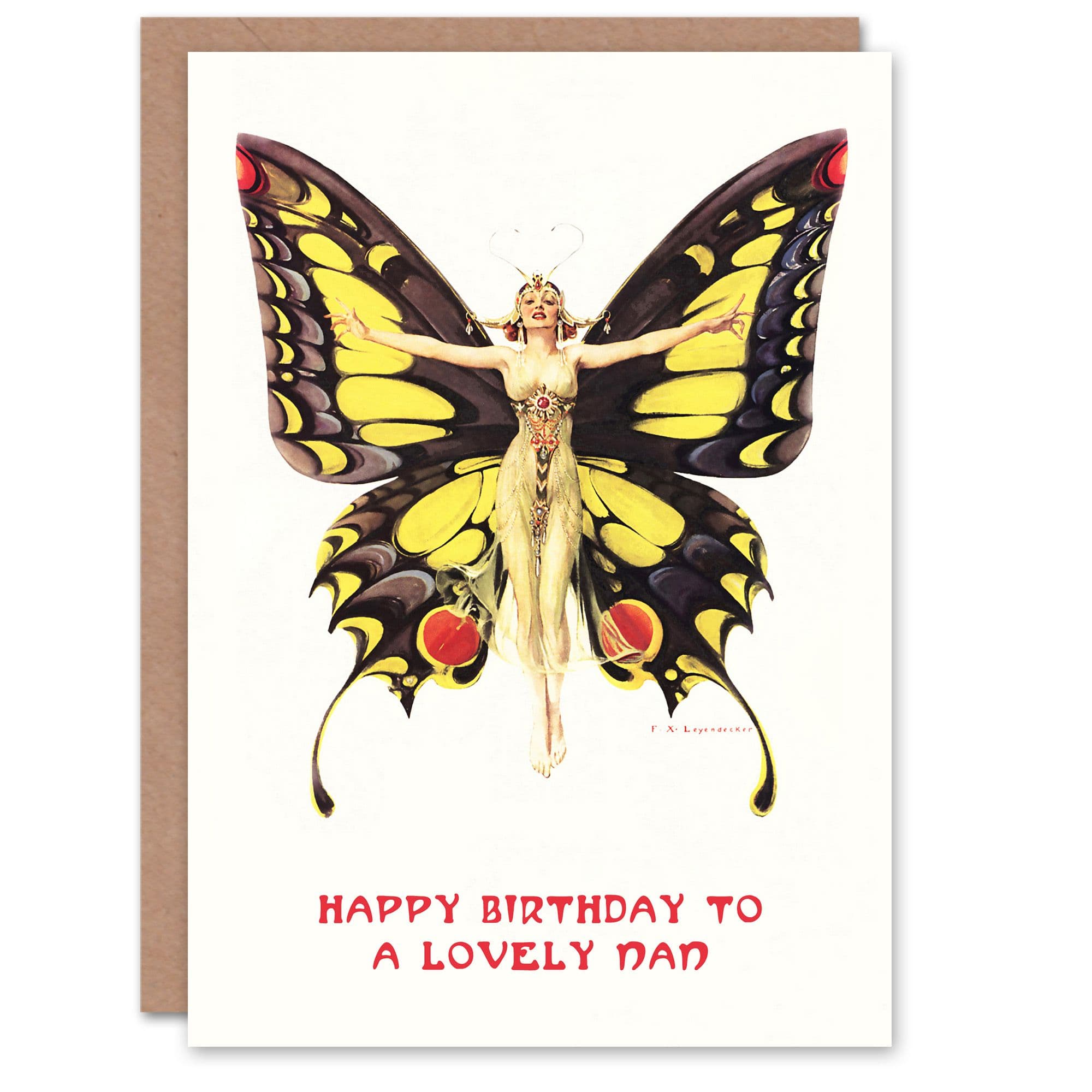 Nan Happy Birthday Card 1920s Art Nouveau Butterfly Woman Elegant Fun Her Greeting Card