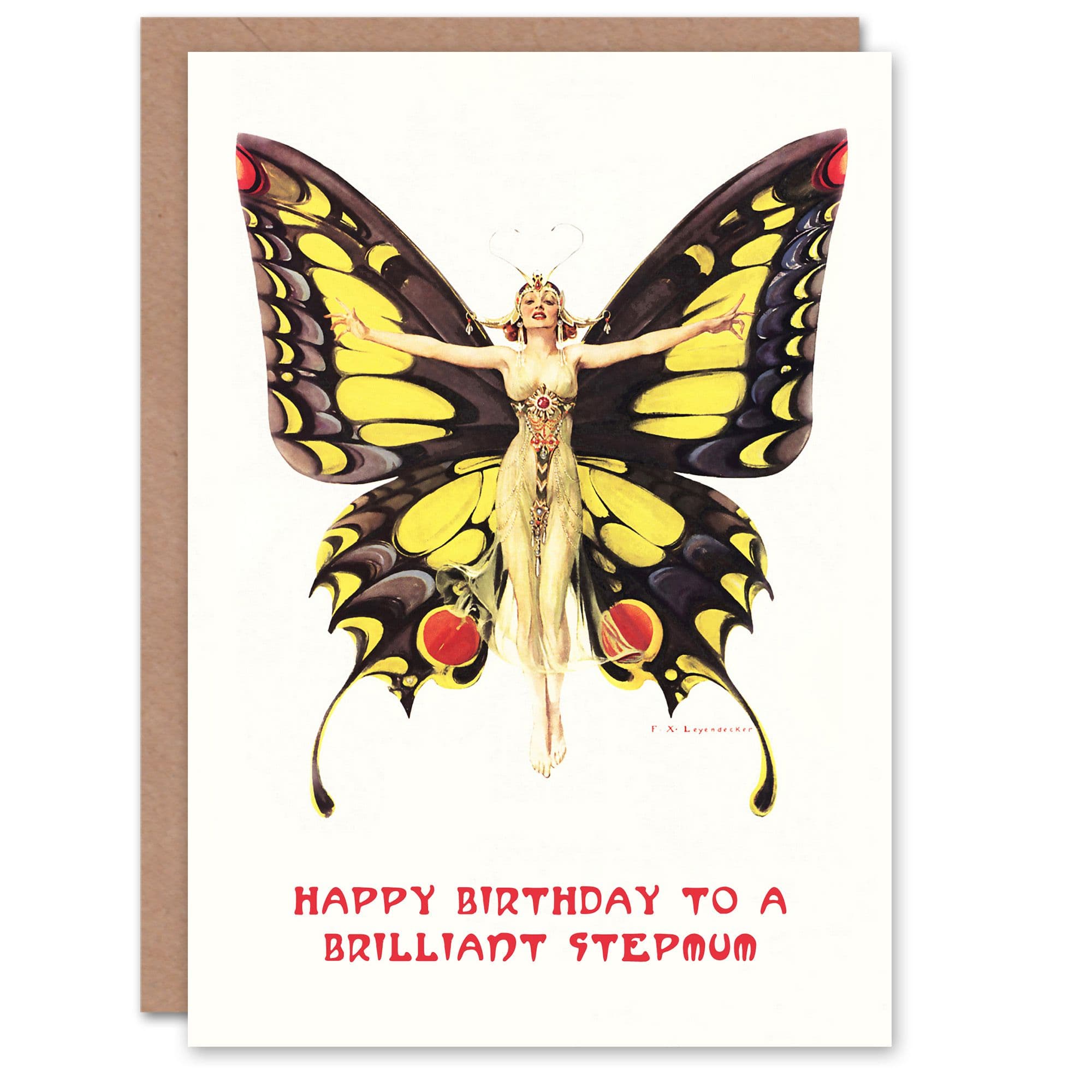 Stepmum Happy Birthday Card 1920's Art Nouveau Butterfly Woman Elegant Fun For Her Greeting Card