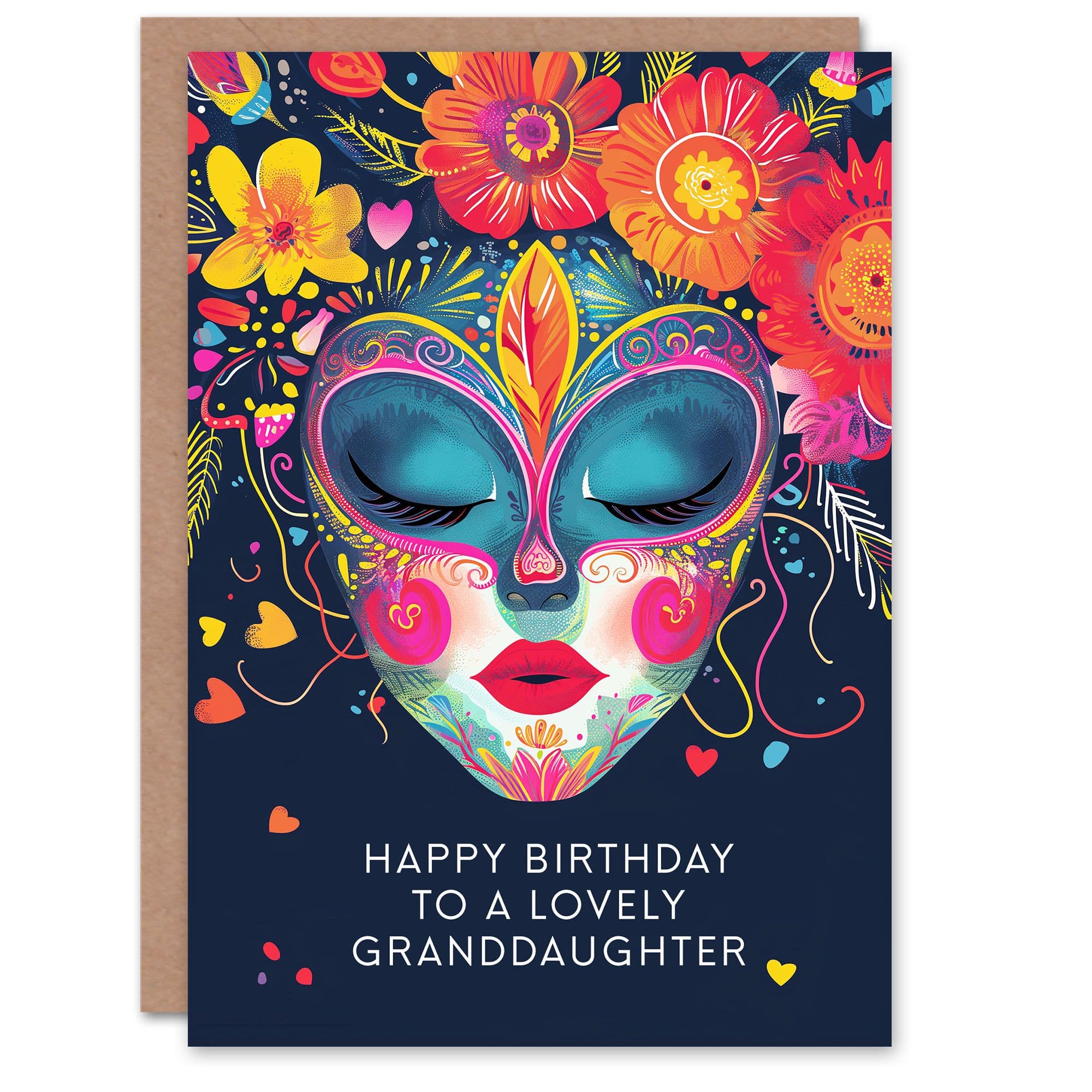 Granddaughter Happy Birthday Card Floral Headdress Love Hearts Flowers Venetian Mask Her Greeting Card