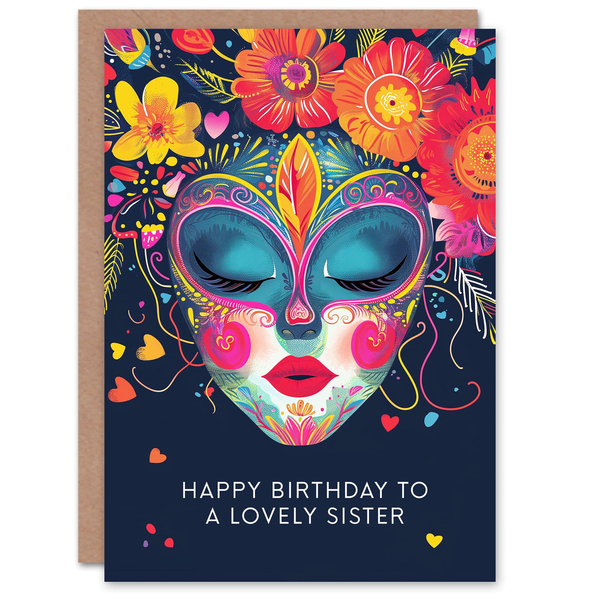 Sister Happy Birthday Card Floral Headdress Love Hearts Flowers Venetian Mask Her Greeting Card