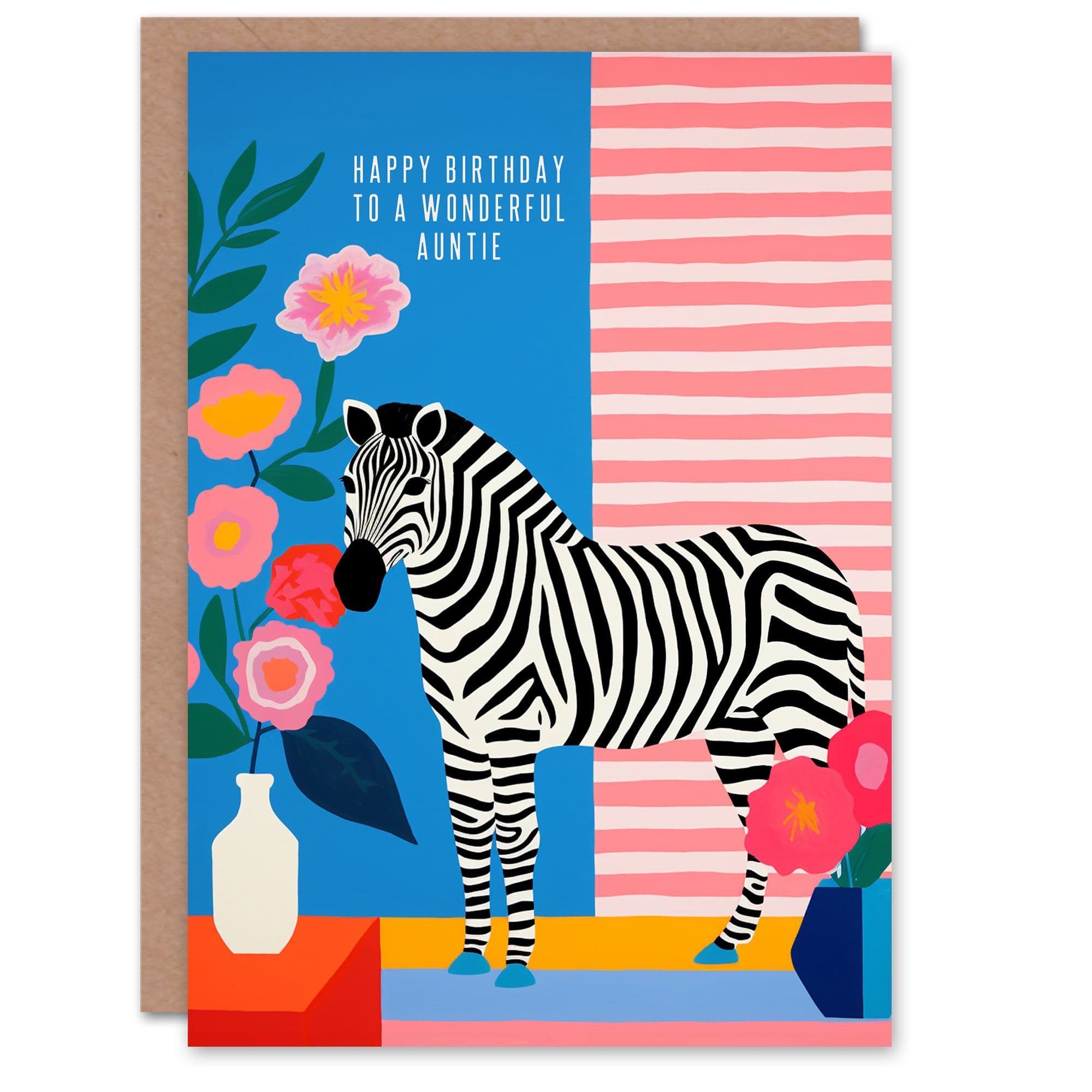 Auntie Happy Birthday Card Colourful Modern Bright Zebra Stripes Flowers Her Greeting Card