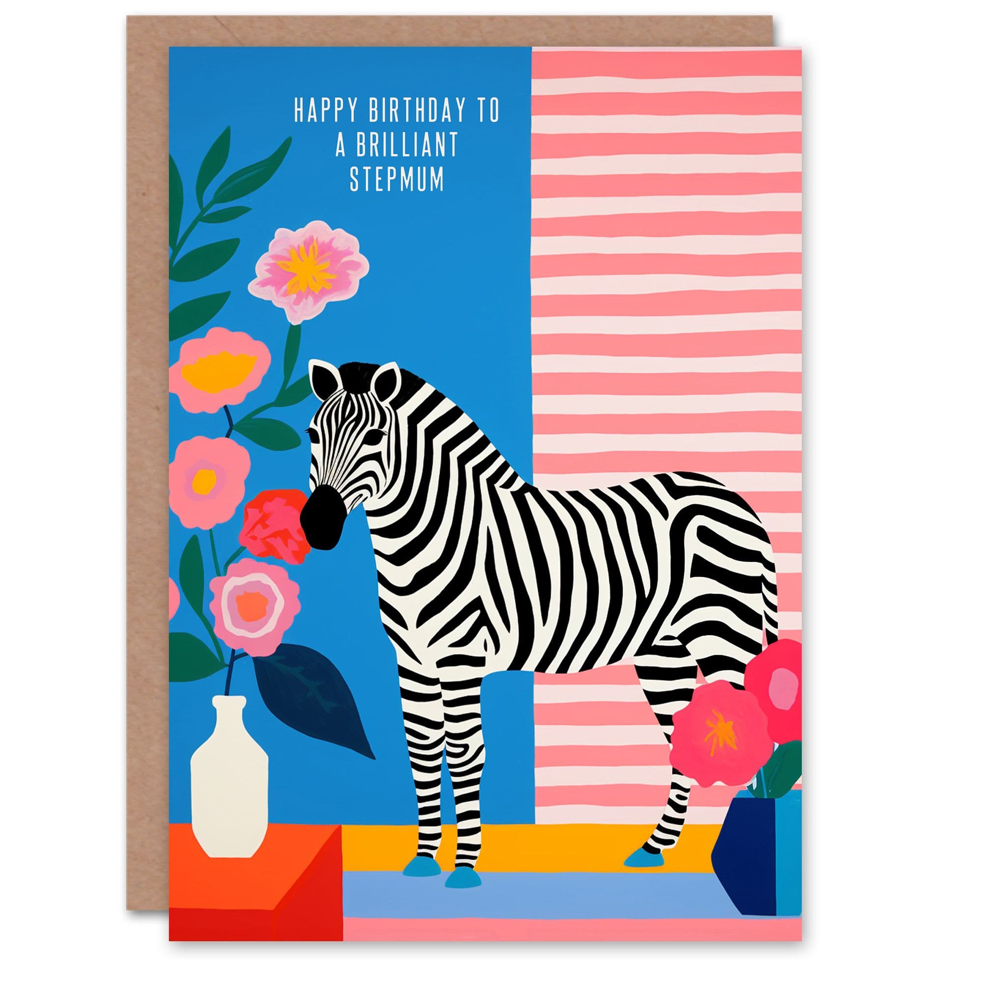 Stepmum Happy Birthday Card Colourful Modern Bright Zebra Stripes And Flowers For Her Greeting Card