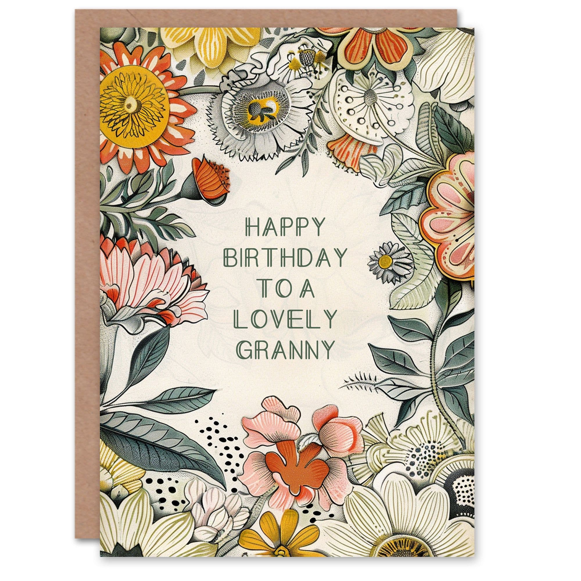 Granny Happy Birthday Card Flower Bouquet Peony Daisies Sunflowers Botanical Her Greeting Card