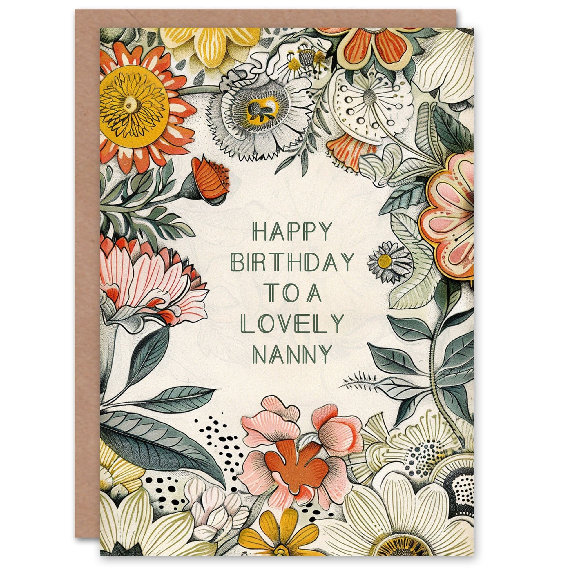 Nanny Happy Birthday Card Flower Bouquet Peony Daisies Sunflowers Botanical For Her Greeting Card