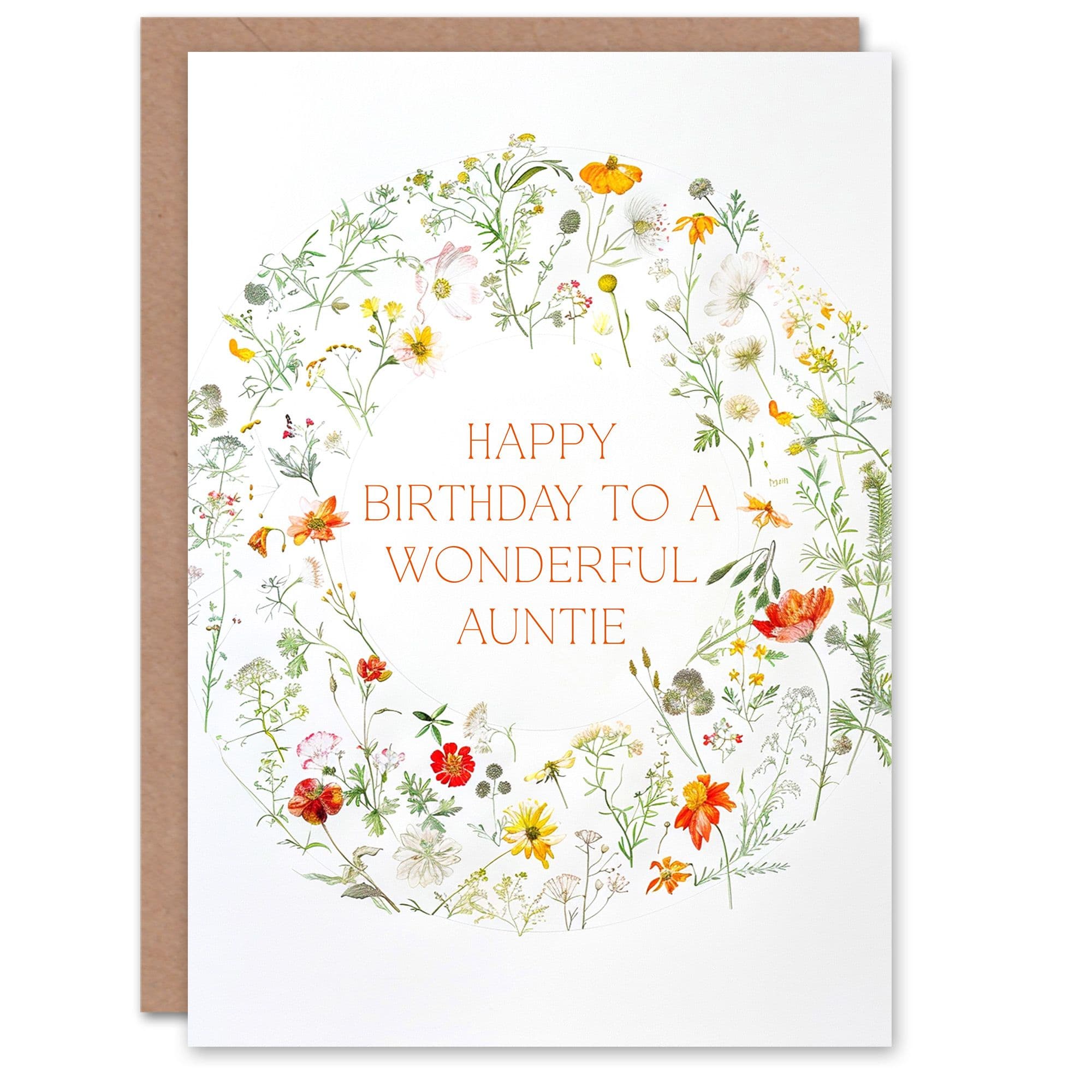 Auntie Happy Birthday Card Simple Delicate Elegant Floral Circle Flowers And Plants Gardening For Her Greeting Card