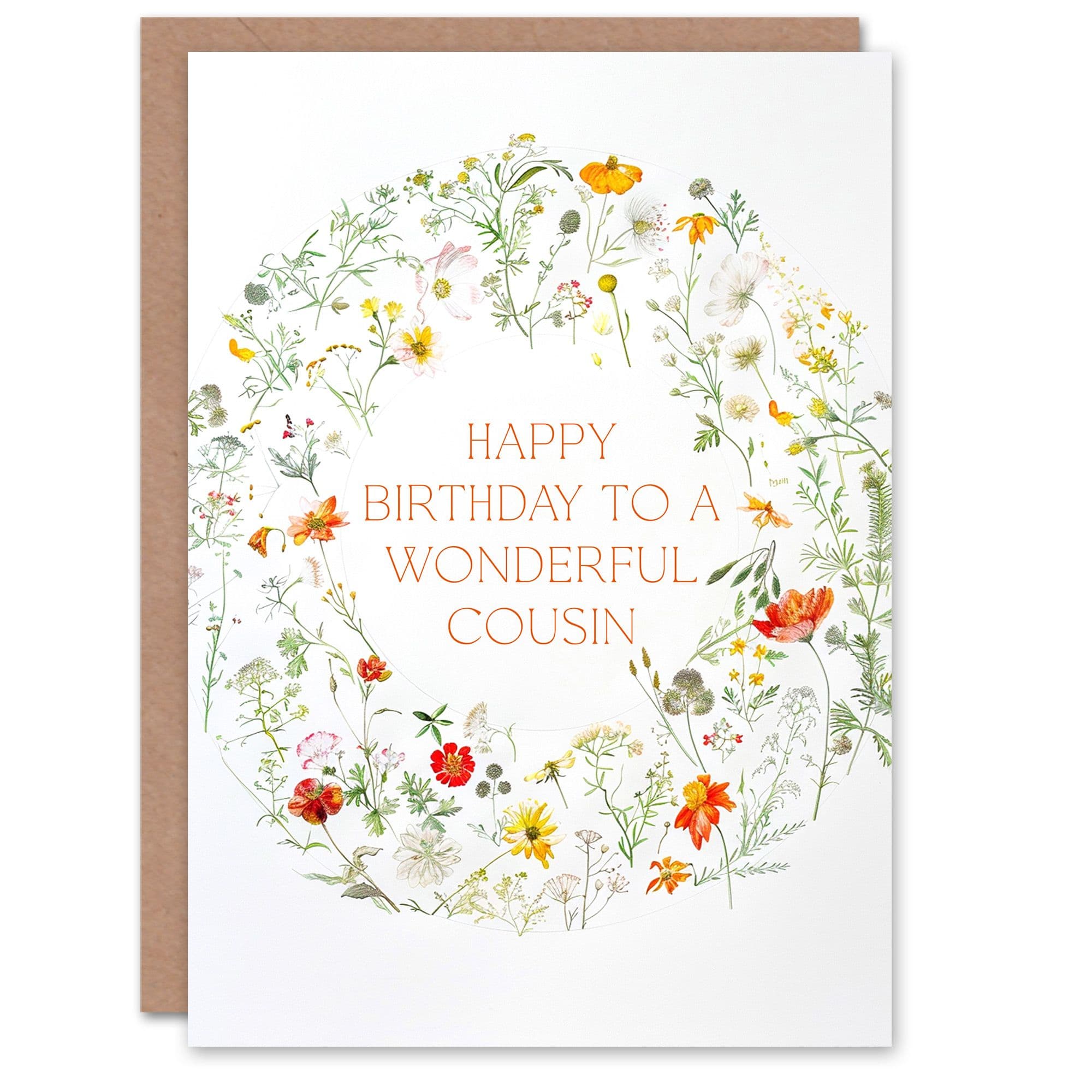 Cousin Happy Birthday Card Simple Delicate Elegant Floral Circle Flowers And Plants Gardening For Her Greeting Card