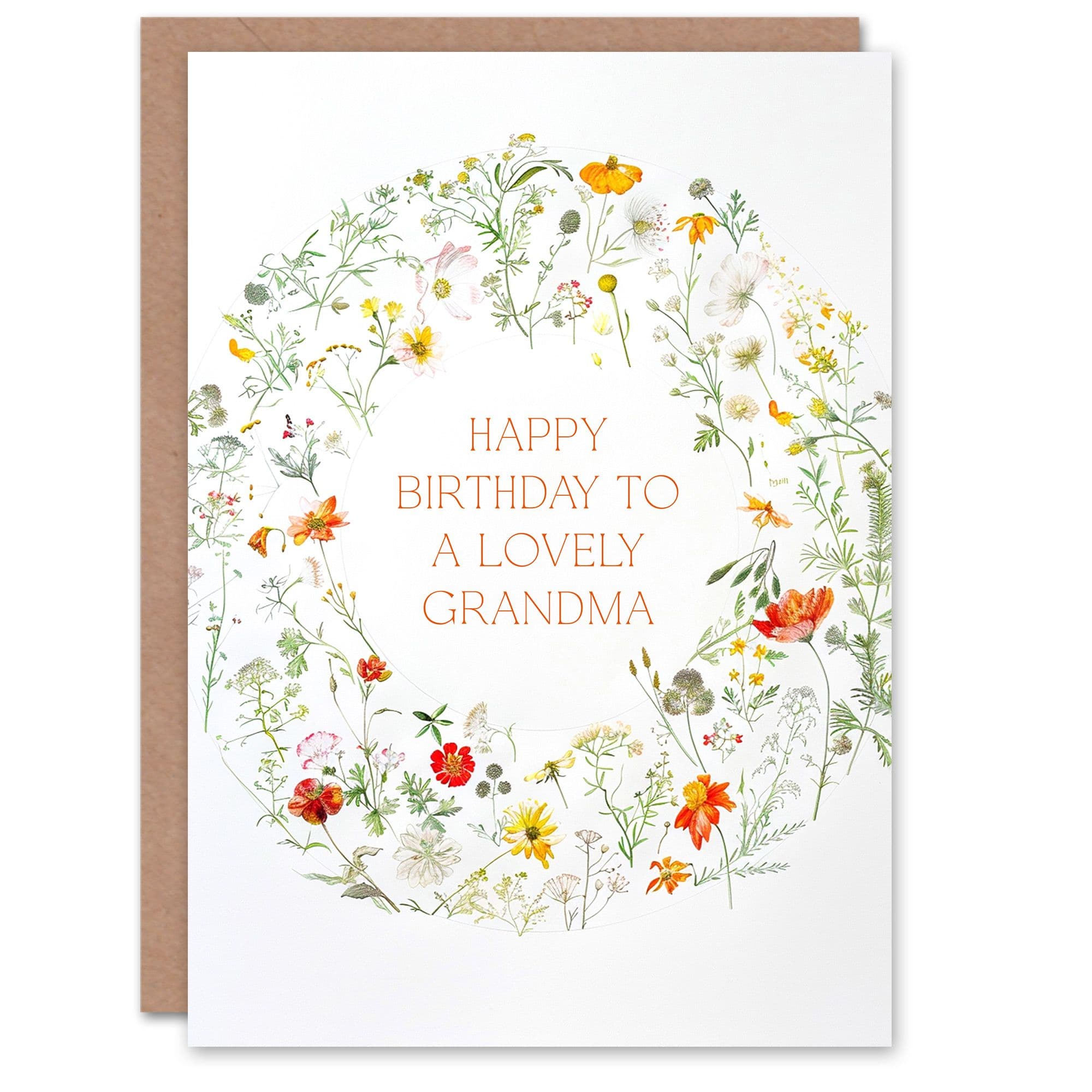 Grandma Happy Birthday Card Simple Delicate Elegant Floral Circle Flowers Plants Gardening Her Greeting Card