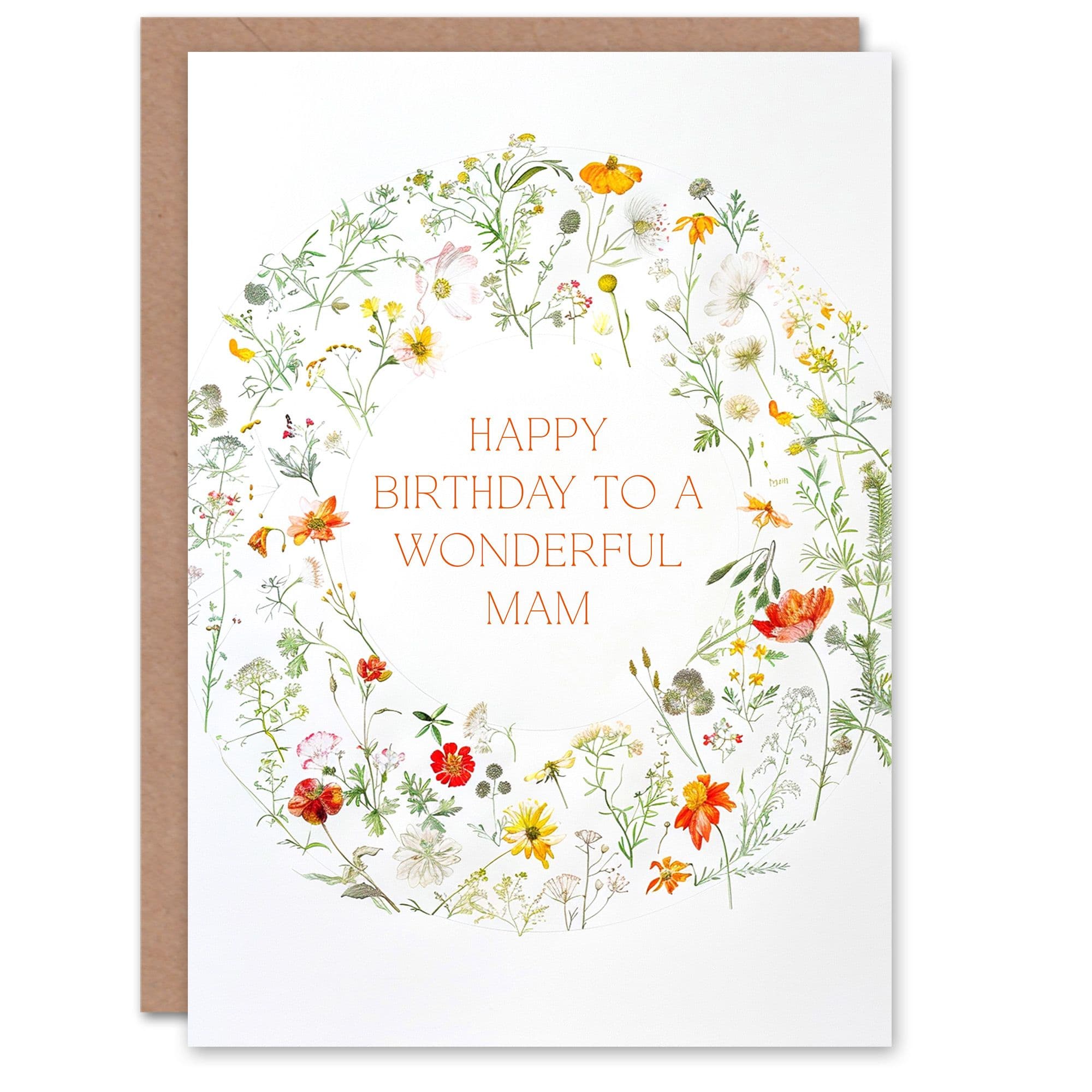 Mam Happy Birthday Card Simple Delicate Elegant Floral Circle Flowers And Plants Gardening For Her Greeting Card