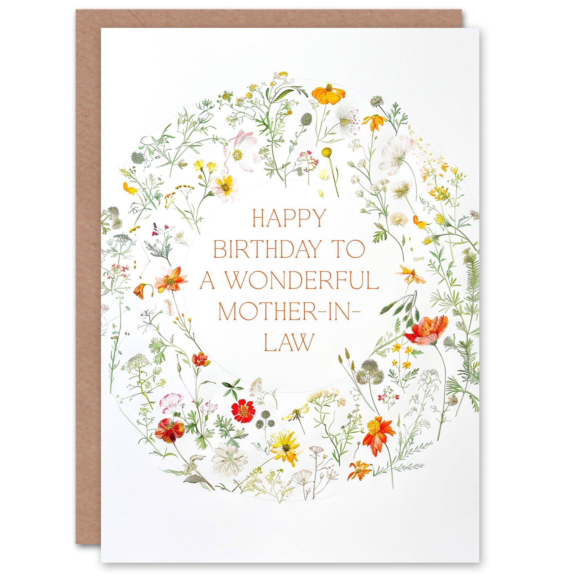 Mother In Law Happy Birthday Card Simple Delicate Elegant Floral Circle Flowers And Plants Gardening For Her Greeting Card