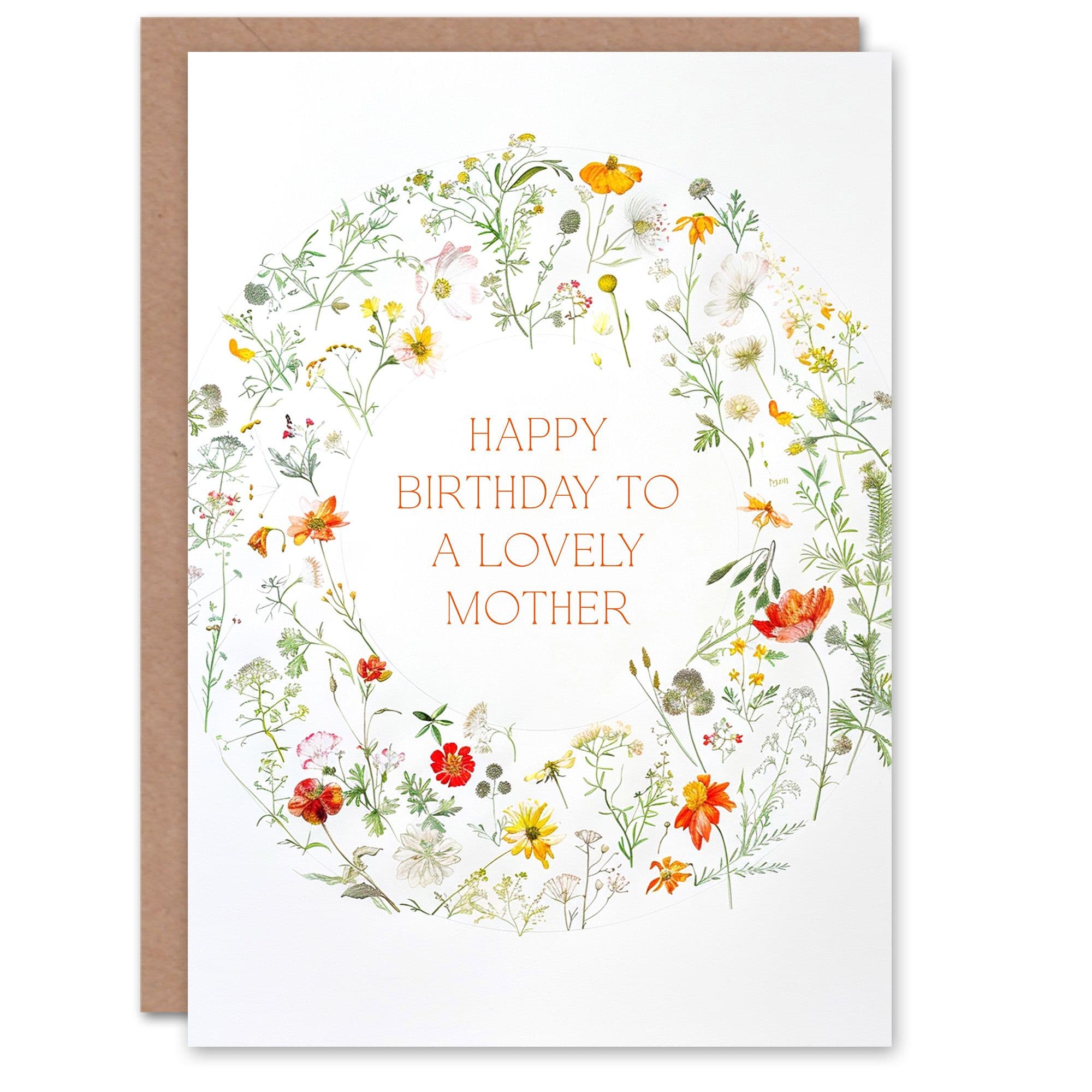 Mother Happy Birthday Card Simple Delicate Elegant Floral Circle Flowers Plants Gardening Her Greeting Card