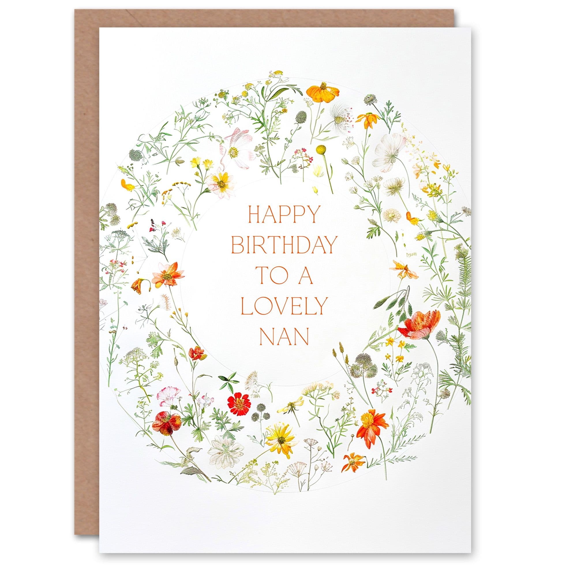 Nan Happy Birthday Card Simple Delicate Elegant Floral Circle Flowers And Plants Gardening For Her Greeting Card